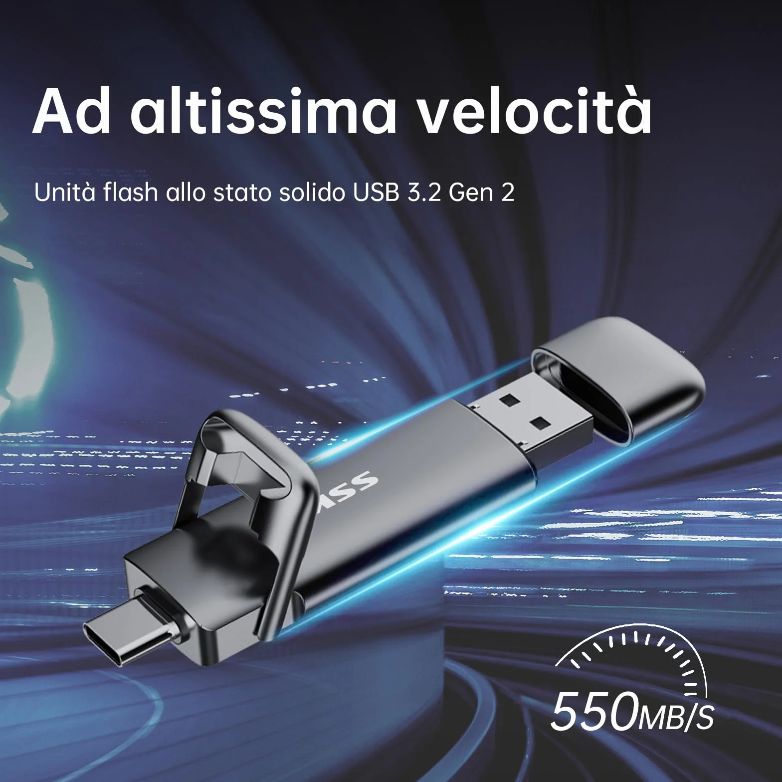 SSK SSD esterno portatile da 128GB Dual USB 3.2 Gen 2 Unità a stato solido fino a 550MB/s in lettura, adattatore USB A + tipo C 2 in 1 Disco rigido SSD da 128GB per laptop, tablet e altro