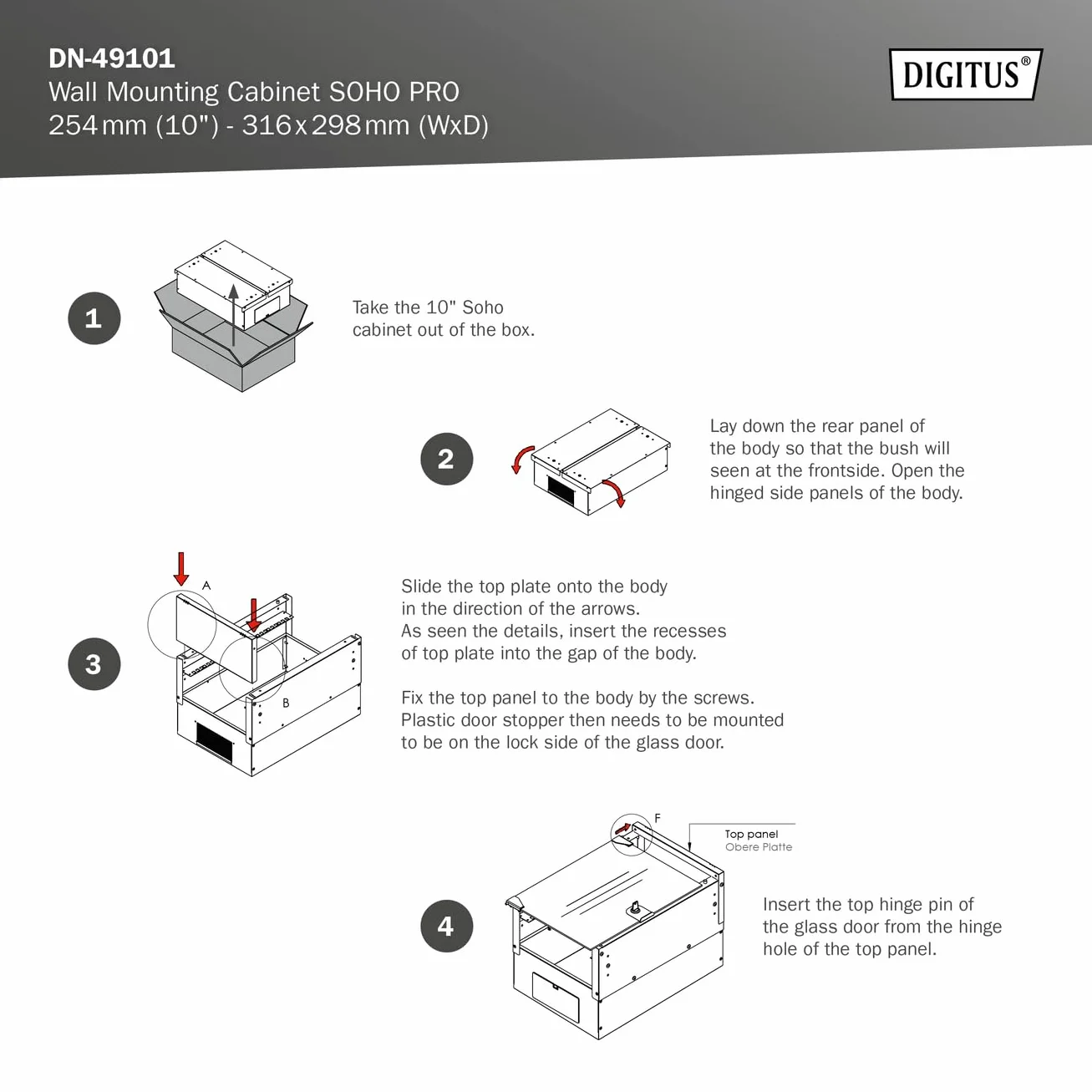 DIGITUS armadio di rete 10 pollici - 6 U - montaggio a parete - non montato - HxLxP 324x316x298mm - capacità di carico 30kg - profondità utile 254mm - classe di protezione IP20 - serie SOHO Pro - nero