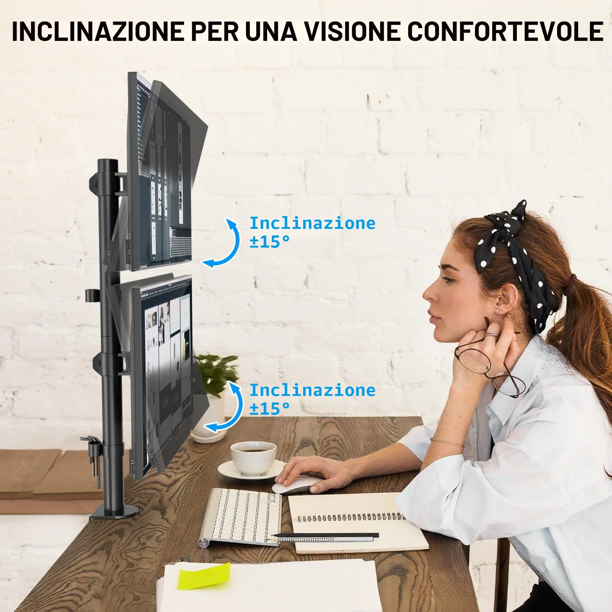 BONTEC Supporto Doppio Schermo Verticale, Braccio Doppio 13-34 Pollici Fino a 10 kg, Regolabile, Gestione Cavi, Supporto da Scrivania Robusto, Compatibile VESA 75x75 e 100x100, Supporto PC Ergonomico