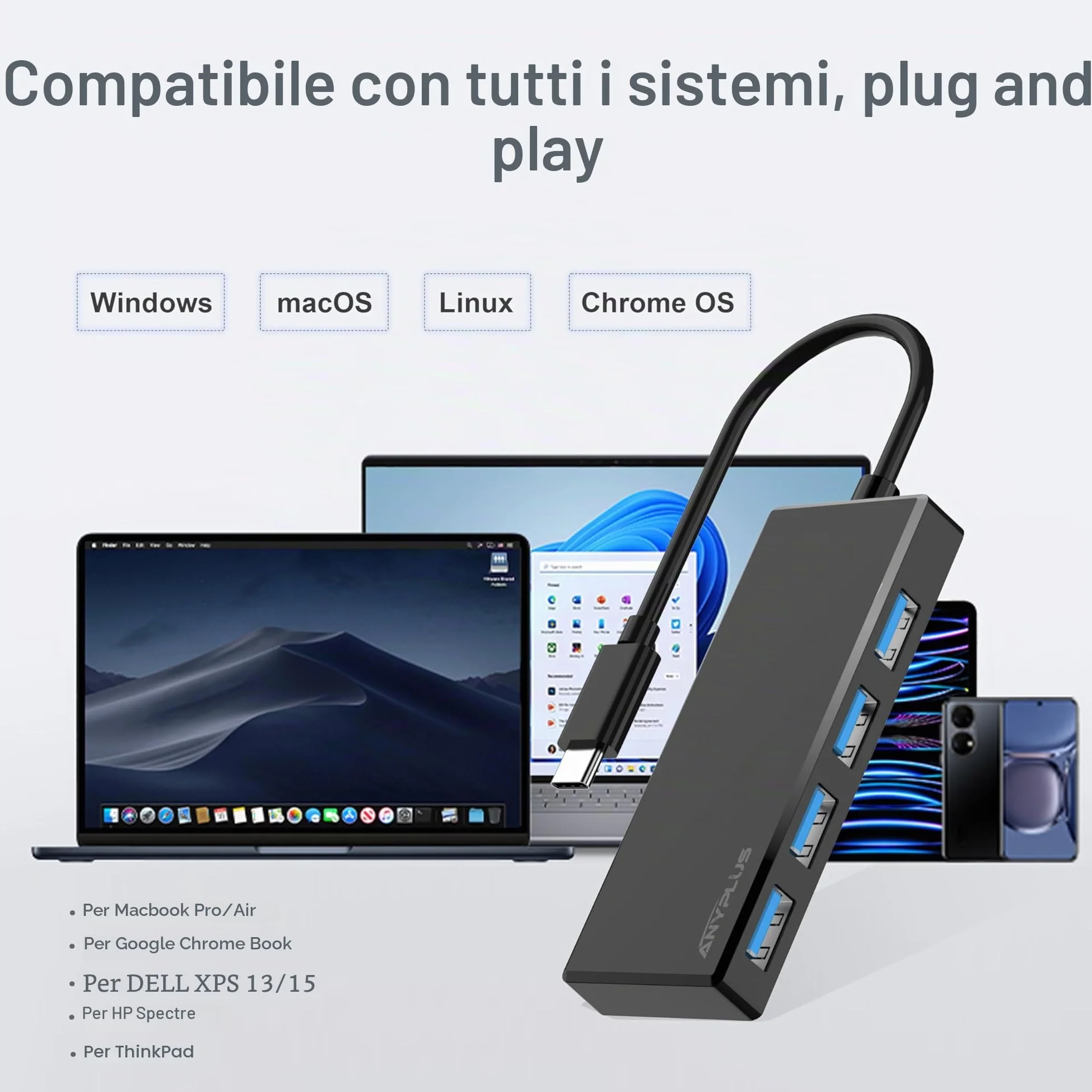 USB C Hub, 4 Ports USB 3.0 Hub Splitter with 5Gbps Data Transfer, USB C Splitter for Type C MacBook, Mac Pro, iMac, Surface, XPS, Flash Drive, Mobile HDD