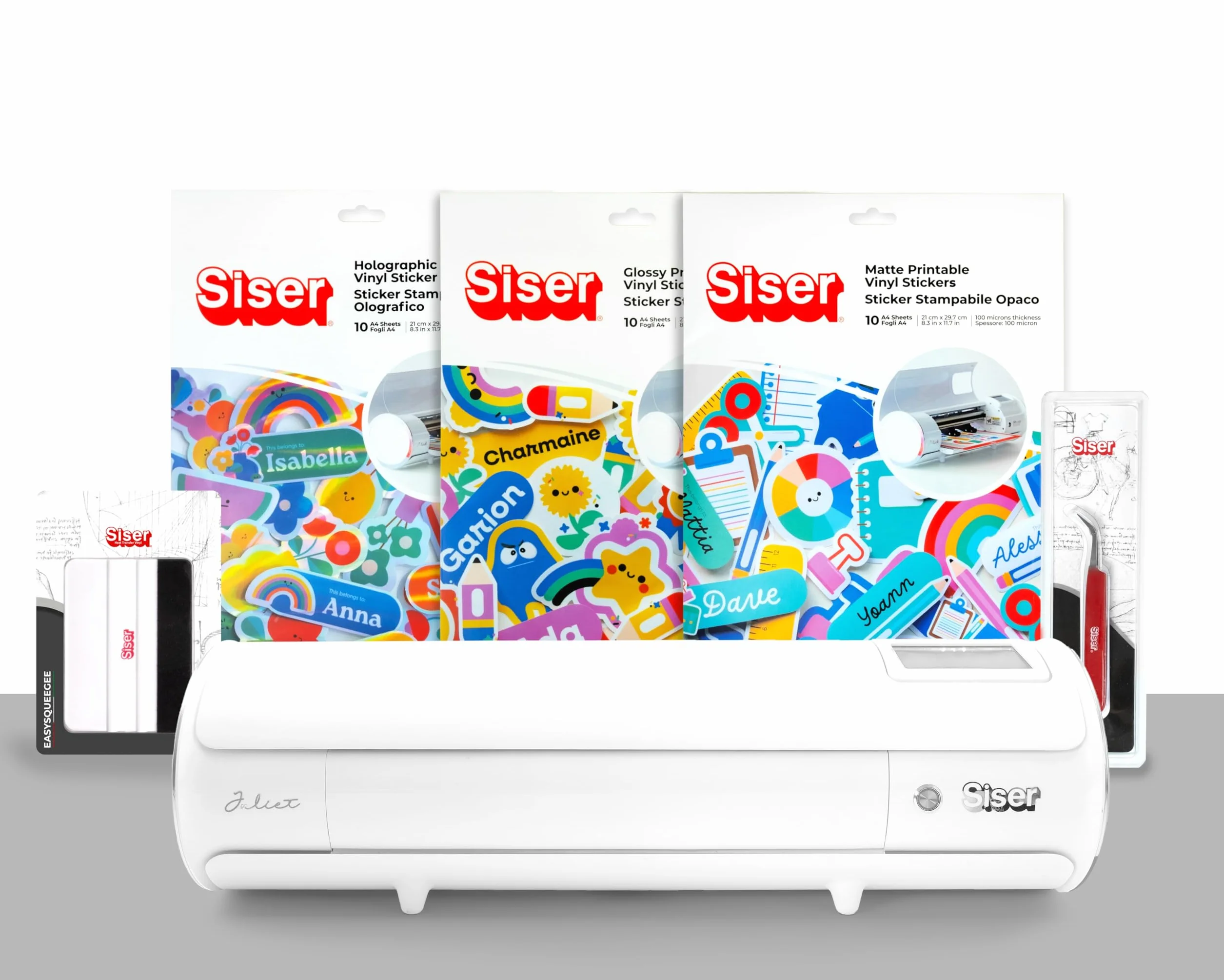 Siser Juliet® Pacchetto Print&Cut - Plotter da Taglio Professionale ad Alta Precisione con Sticker Adesivi Stampabili, Spatolina e Pinzette – Ideale per Stickers, Etichette e Creazioni DIY