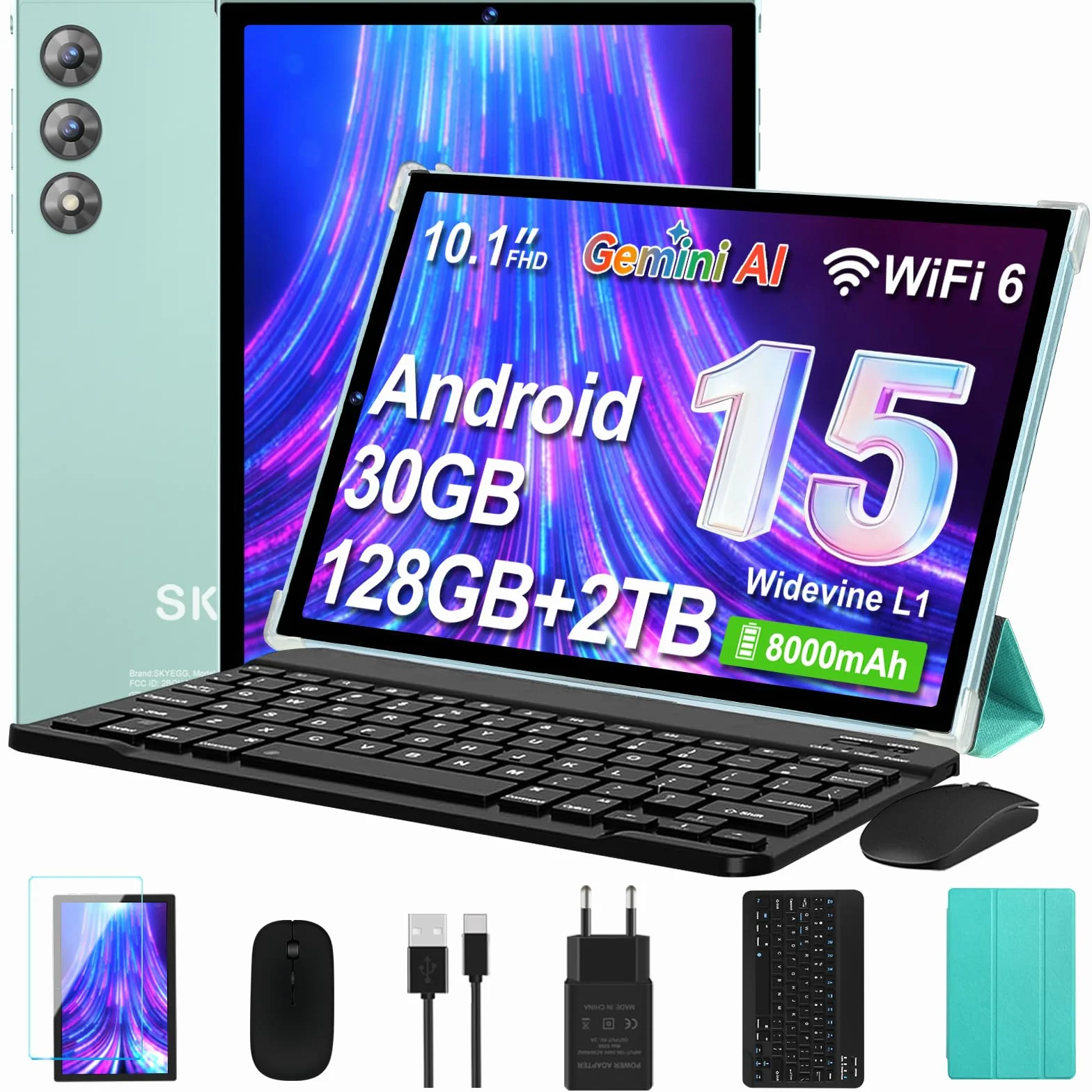 Android 15 Tablet 10 Pollici 30GB RAM 128GB+2TB Esp. Octa-Core WiFi 6 BT 5.0 Batteria 8000mAh Verde Acqua