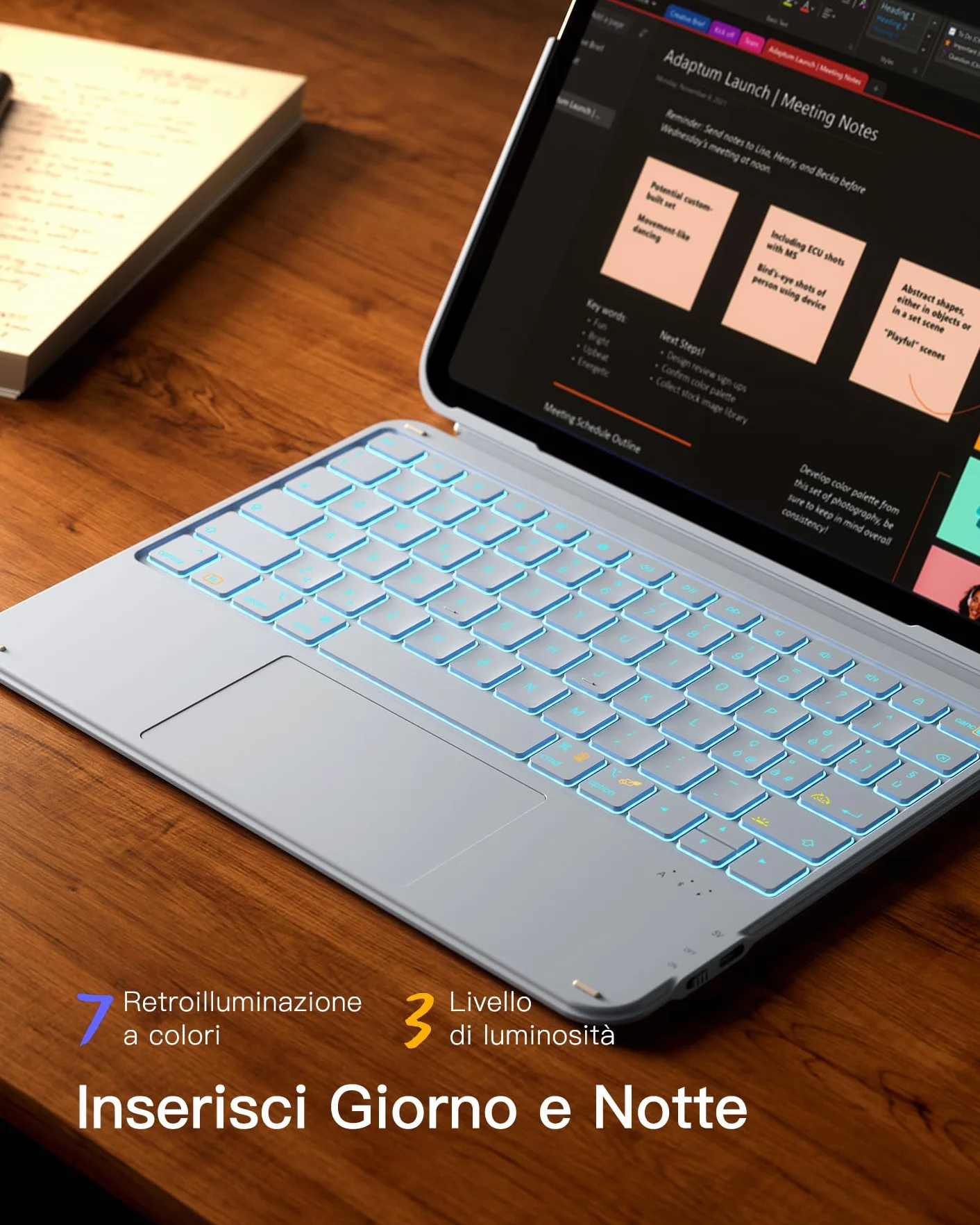 Inateck Custodia Tastiera per iPad 10a/11a Gen (2025 A16), Air 11" M4/M3/M2, Air 6/5/4a, Pro 11 4a-1a, 7 Colori Retroilluminate, Tastiera Ultralight Rimovibile con Touchpad, AceTouch KB04122-RGB,Blu