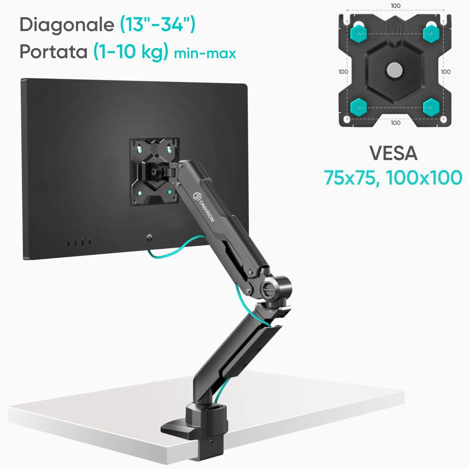 ONKRON Supporto Monitor Scrivania 13"-34", fino a 10 kg, Braccio Monitor VESA 75x75-100x100 mm, Supporto Schermo PC Scrivania Girevole e Inclinabile, Regolabile in Altezza, Nero G90-B