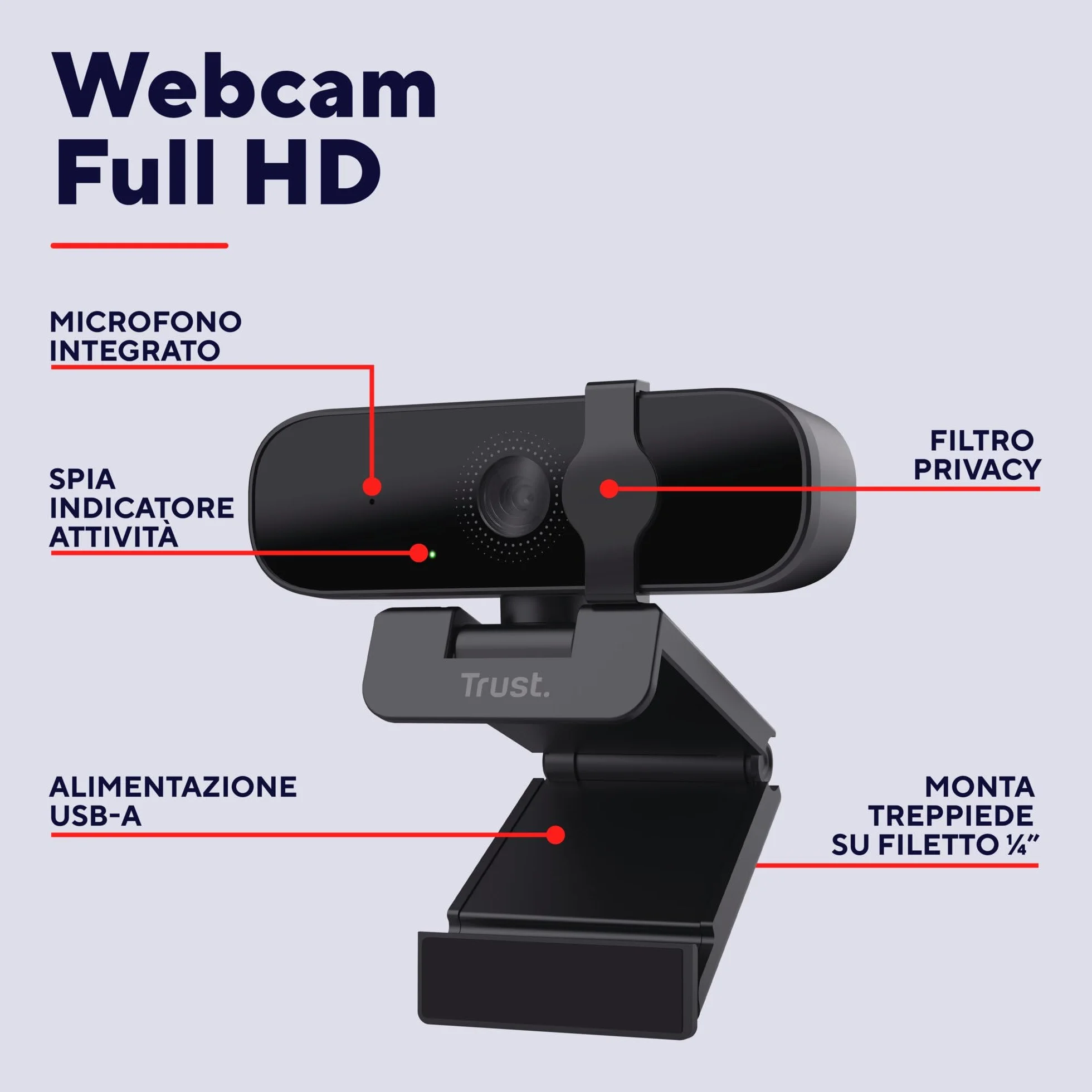 Trust Oran 1080p Webcam PC con Microfono, Web Camera PC USB con Filtro Privacy, Fuoco Fisso 30 FPS, Plastica Riciclata 85%, Videocamera Full HD per Laptop Desktop Mac Windows Skype Zoom Teams