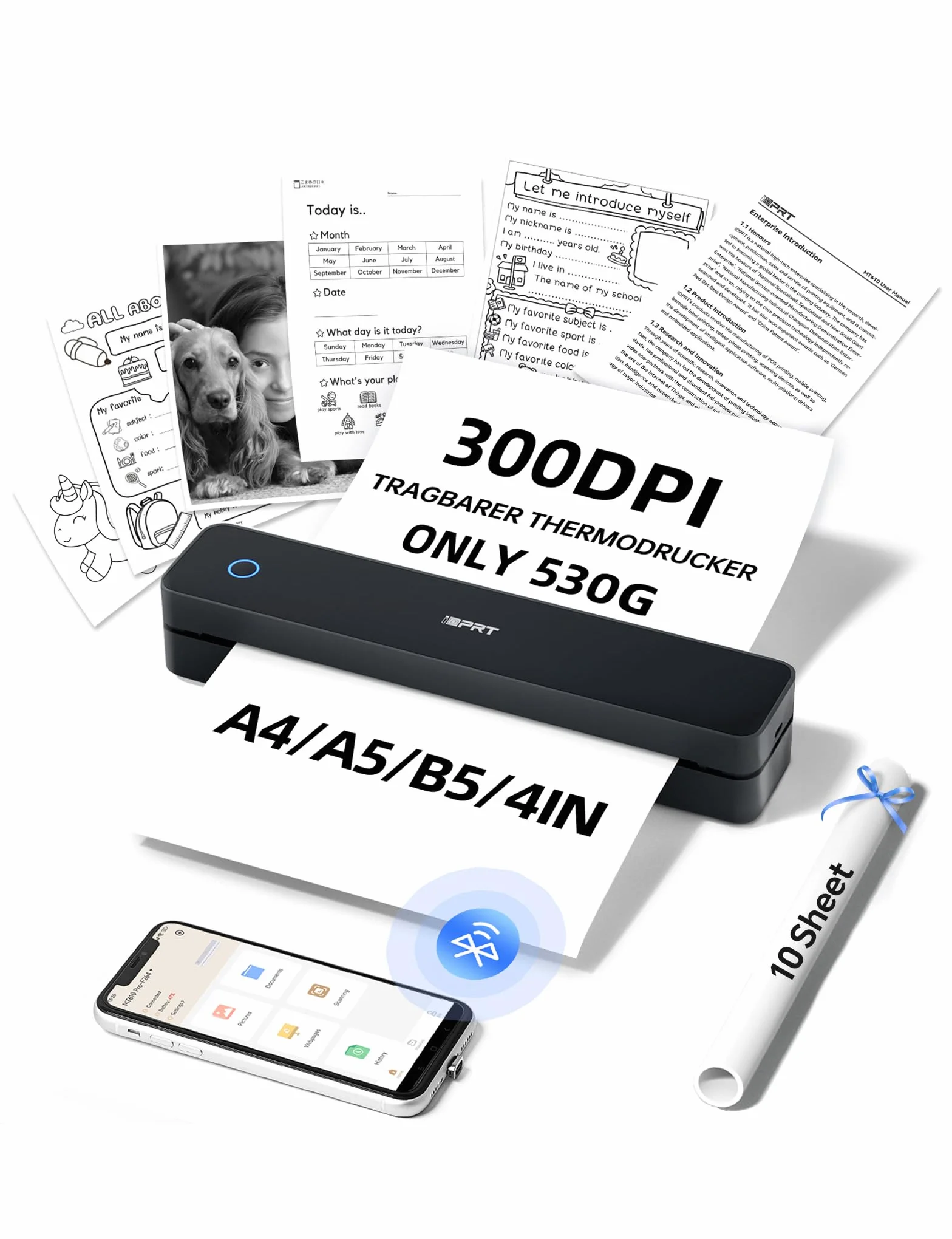 iDPRT MT610 Pro Stampante Portatile A4 Termica 300 DPI Bluetooth USB Nero