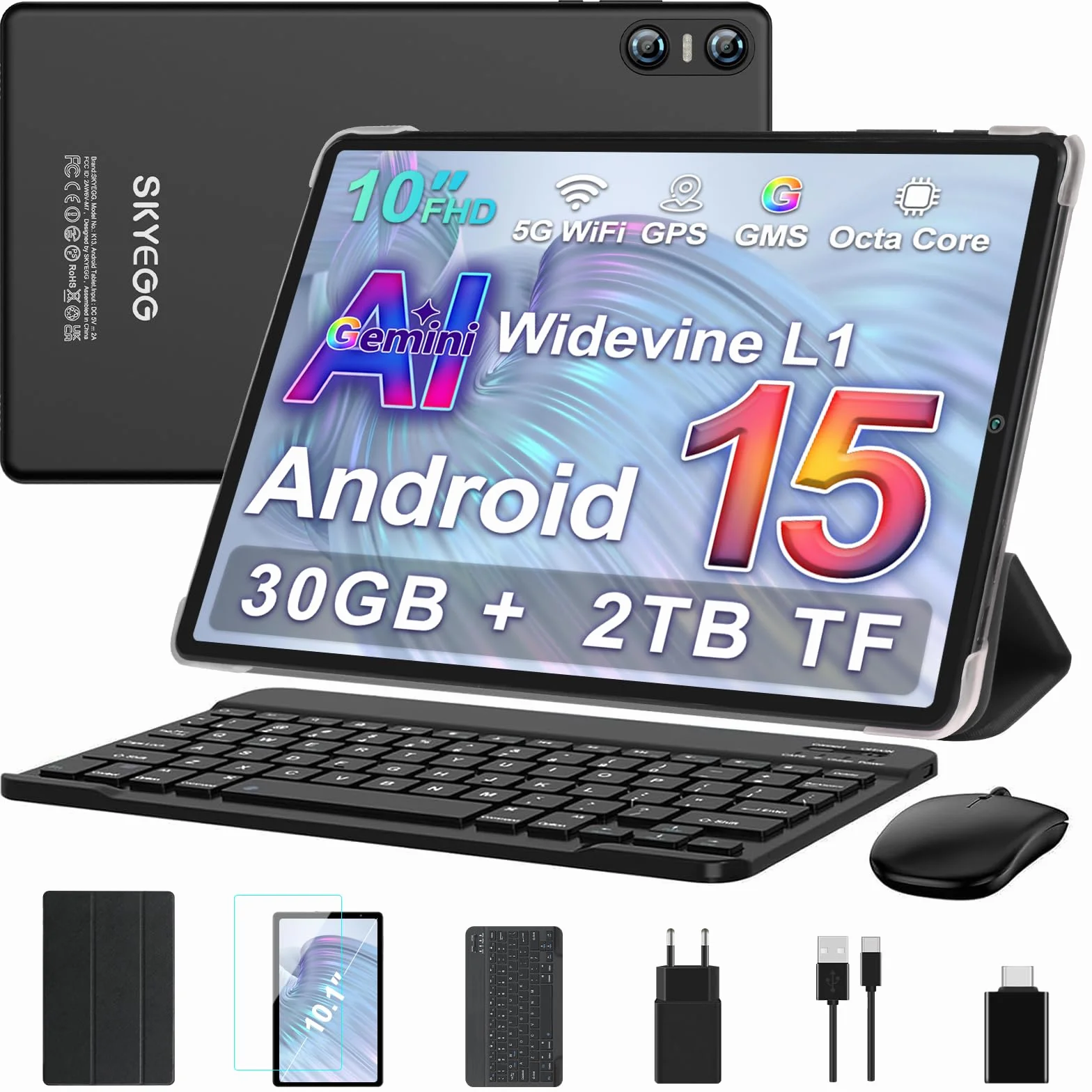 Tablet 10 Pollici Android 15 Gemini AI 30GB RAM 2TB ROM Octa-Core Widevine L1 WiFi 5G BT5.0 6000mAh Tastiera Mouse Custodia Nero Scuro