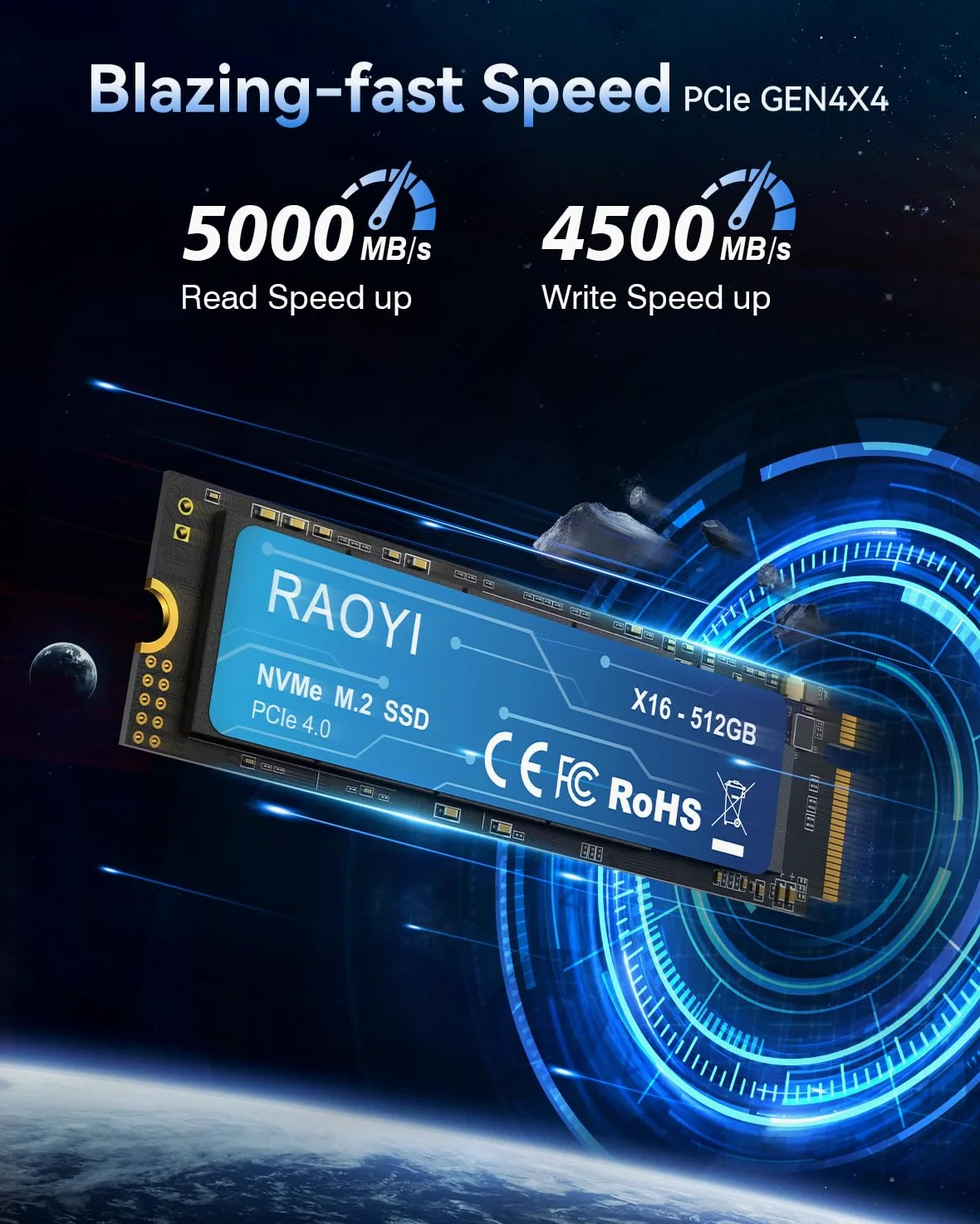 RAOYI Unità a stato solido interna NVMe da 512 GB M.2 2280 PCIe Gen4x4 SSD, fino a 5000 MB/s, configurazione cache SLC, archiviazione ed espansione di memoria per desktop laptop PS5