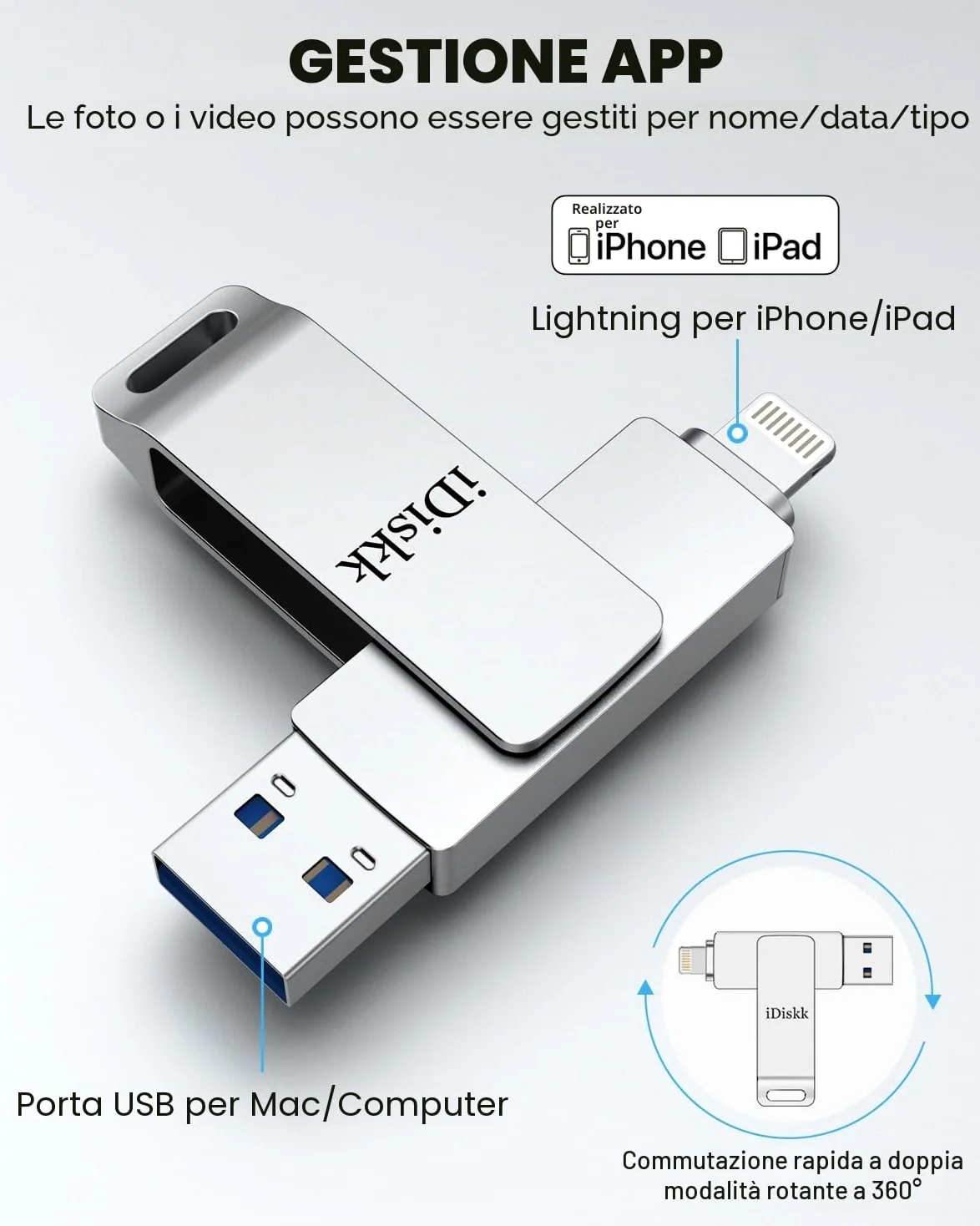 iDiskk 128GB Chiavetta lightning USB per iPhone Chiave fotografica certificata MFi per iPad, pendrive esterna memoria di backup Mac e PC