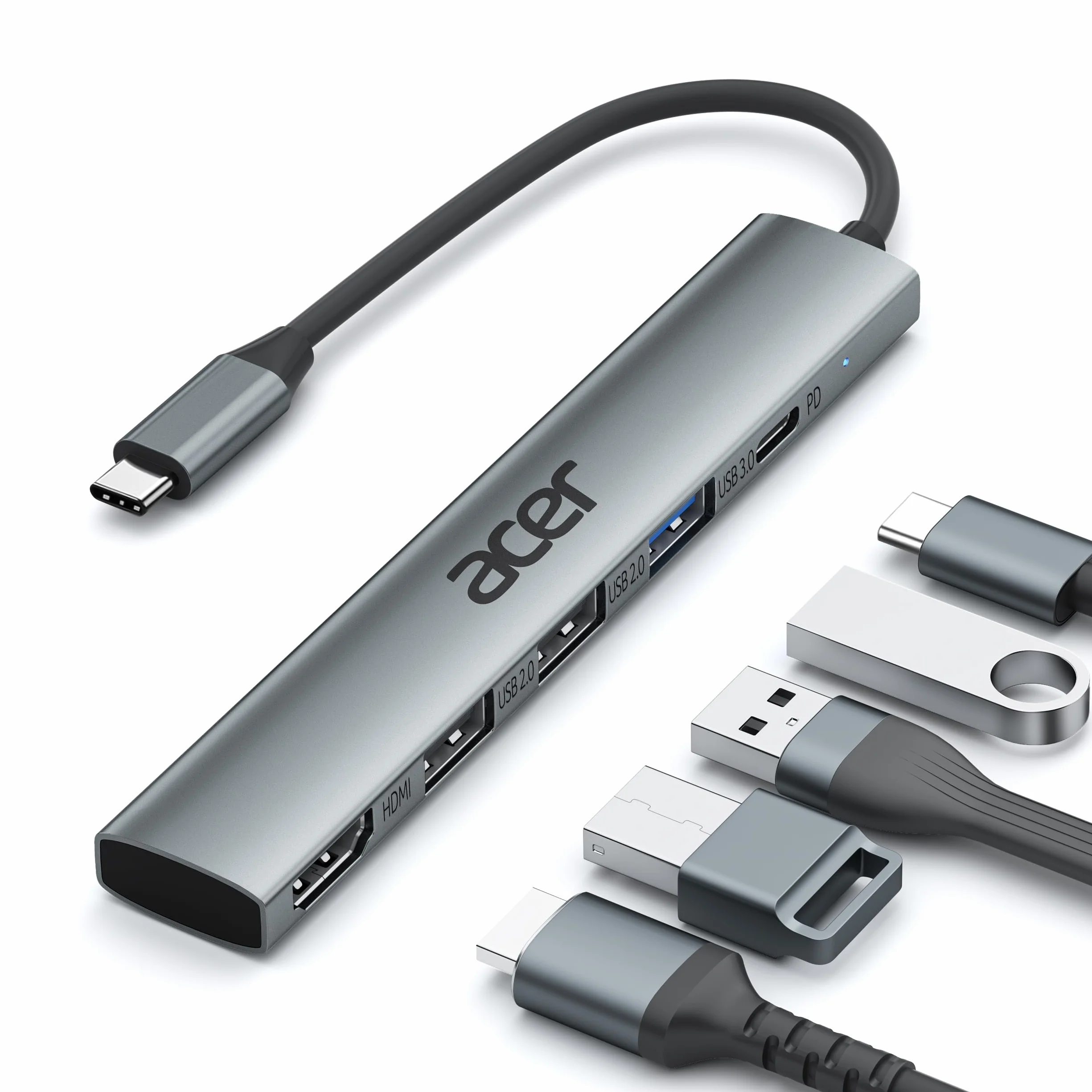 Acer Hub USB C 5 in 1 con HDMI 4K, alimentazione da 100 W, 3 porte dati USB A, adattatore multiporta USB C a HDMI per laptop, PC, tablet, MacBook Pro/Air, iPad Air/Pro, iMac, iPhone 16/17 Pro/Pro Max