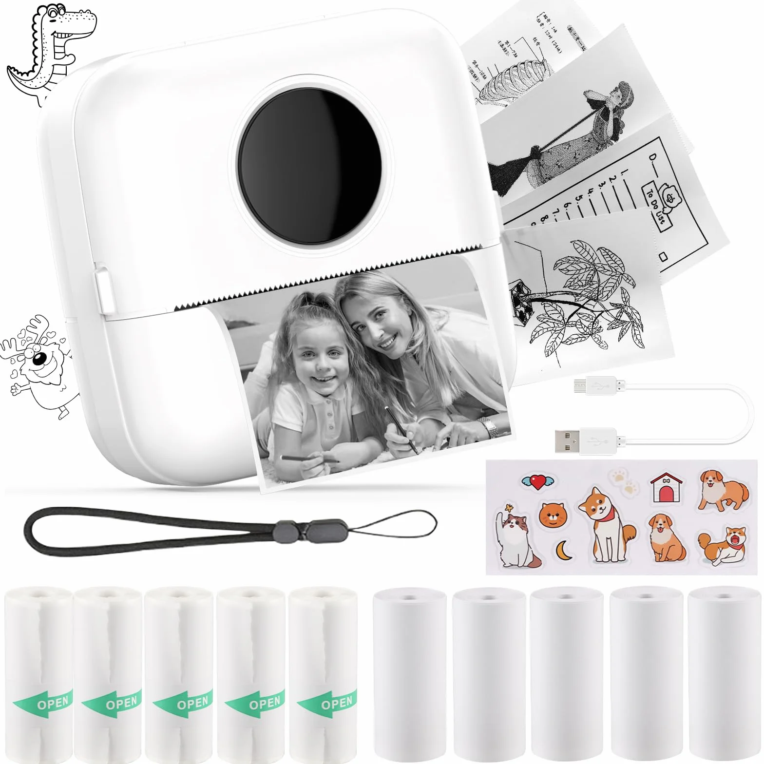 Mini Stampante Fotografica Termica con 10 Rotoli di Carta 1 Adesivo Smartphone Bianco