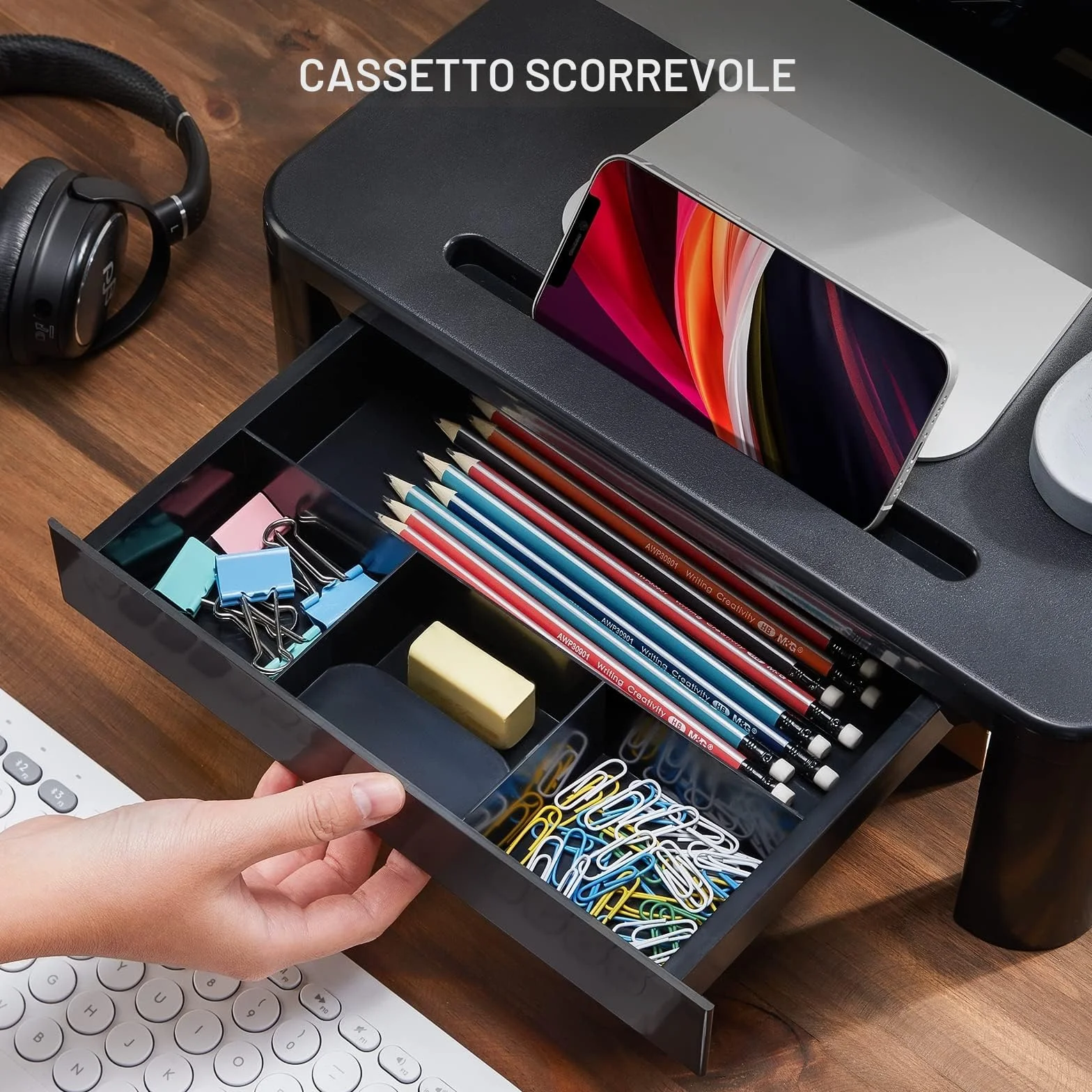 LORYERGO Supporto per Monitor con 3 Altezze Regolabili Carico Fino a 20KG per Monitor PC Laptop Stampante Monitor da Scrivania con Organizzatore Porta Oggetti - Plastica