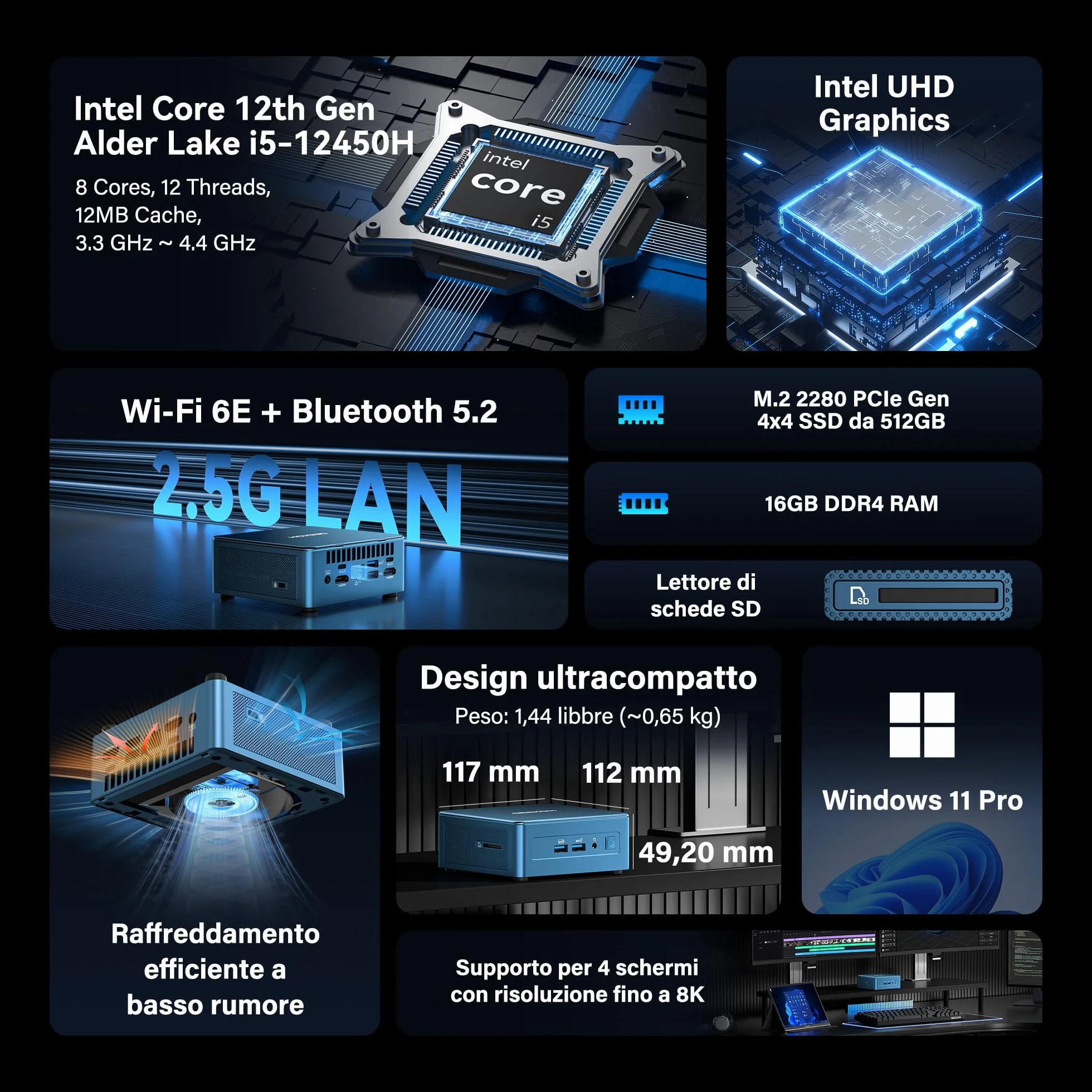 GEEKOM IT12 Mini PC Intel i5-12450H 16GB DDR4 512GB SSD Windows 11 Pro 2.5G LAN Wi-Fi 6E USB4 8K