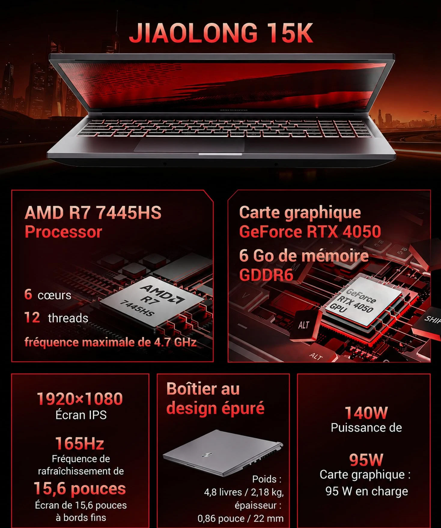RTX 4050 Gaming Laptop, 15.6" WQXGA 144Hz, AMD Ryzen 7 7445H (12-Core, up to .GHz, 64MB Cache), 16GB DDR5 RAM, 512GB Gen4 SSD (PCIe4.0 Support), Notebook PC Computer