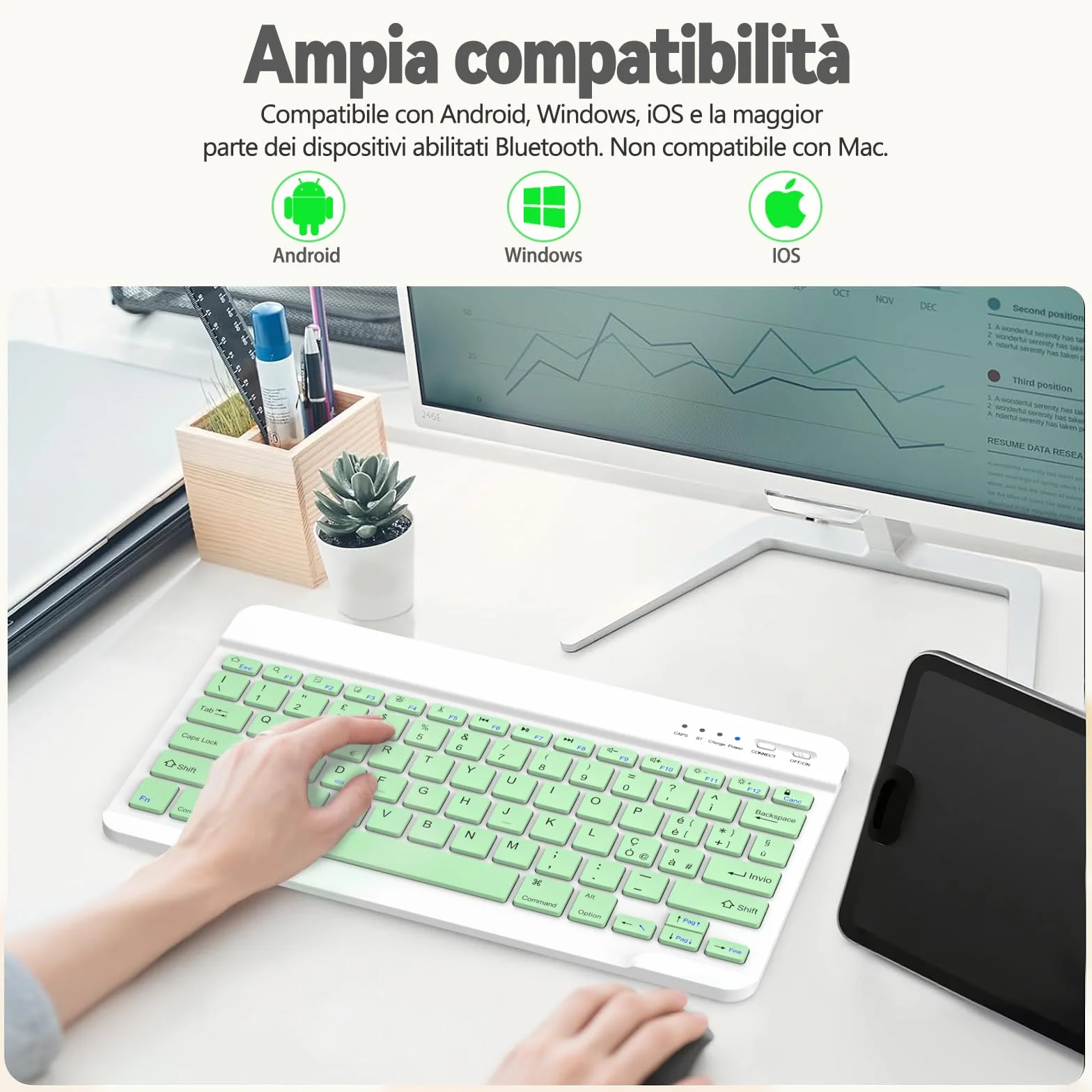 KARFUN Tastiera Wireless Bluetooth Ricaricabile Ultra Sottile per iPad/Samsung/Android/Windows, Tastiera QWERTY Italiano Bluetooth per iPad e Dispositivi Universali