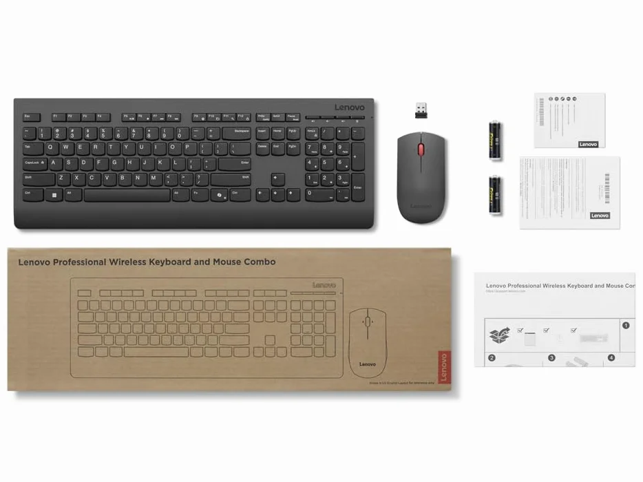 Lenovo Professional Combo Mouse + Tastiera AI - Italia, tastiera full-size ricaricabile con tasto Copilot e layout IT + mouse 4000 DPI, dual wireless 2.4GHz/Bluetooth, ricevitore USB-A