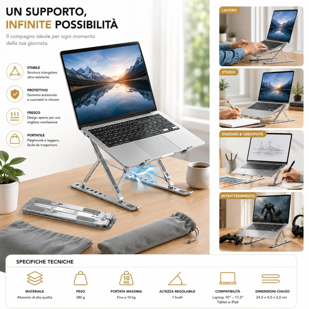 Ali Brothers Supporto per Laptop in Alluminio, Pieghevole e Portatile, Regolabile a 7 Livelli, Antiscivolo, Grigio, Finitura Metallica Anodizzata (supporto da laptop)