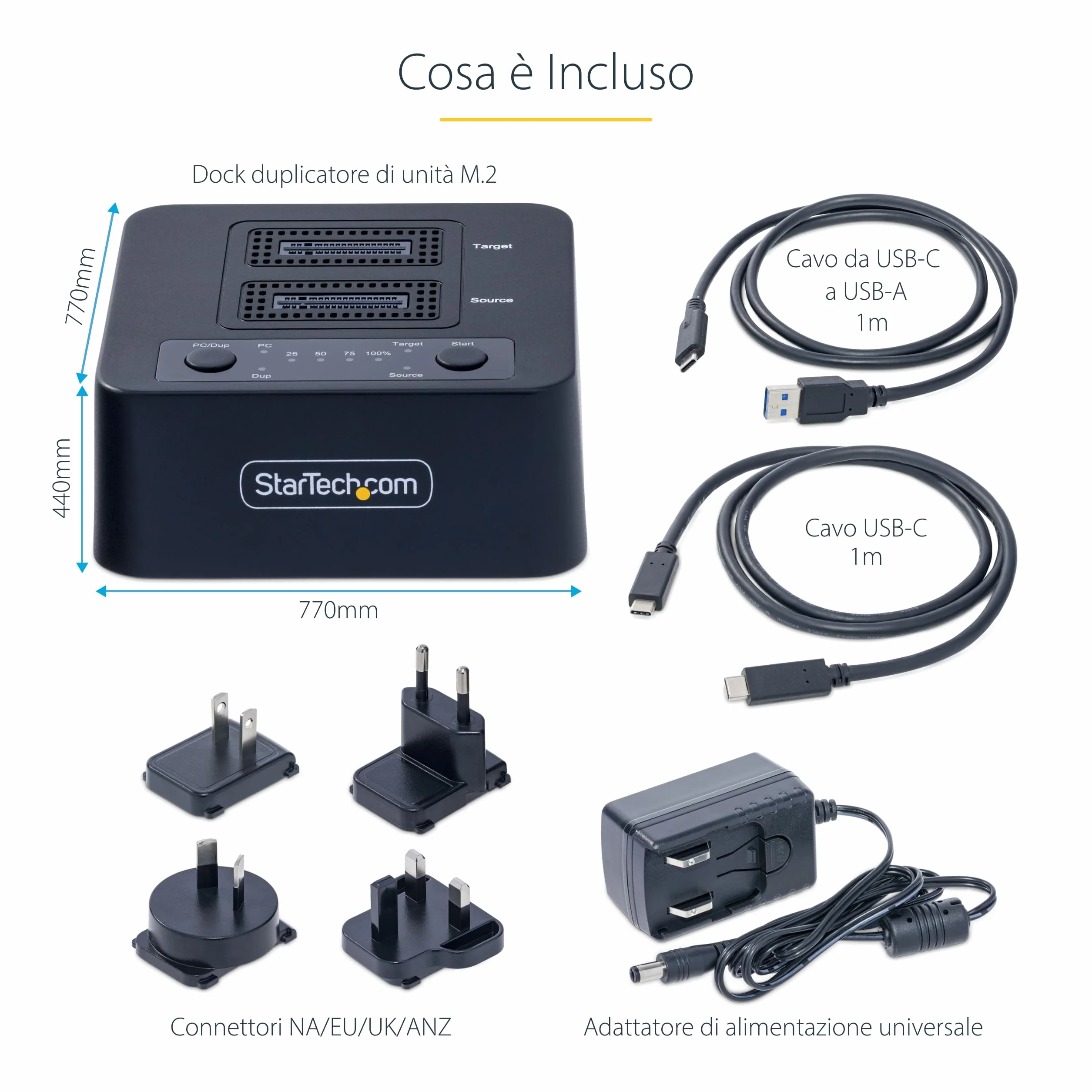 StarTech.com Duplicatore di unità M.2 NVMe 1:1 autonomo da 90 GBpm, docking station per 2 drive M.2, USB-C 3.2 20 Gbps