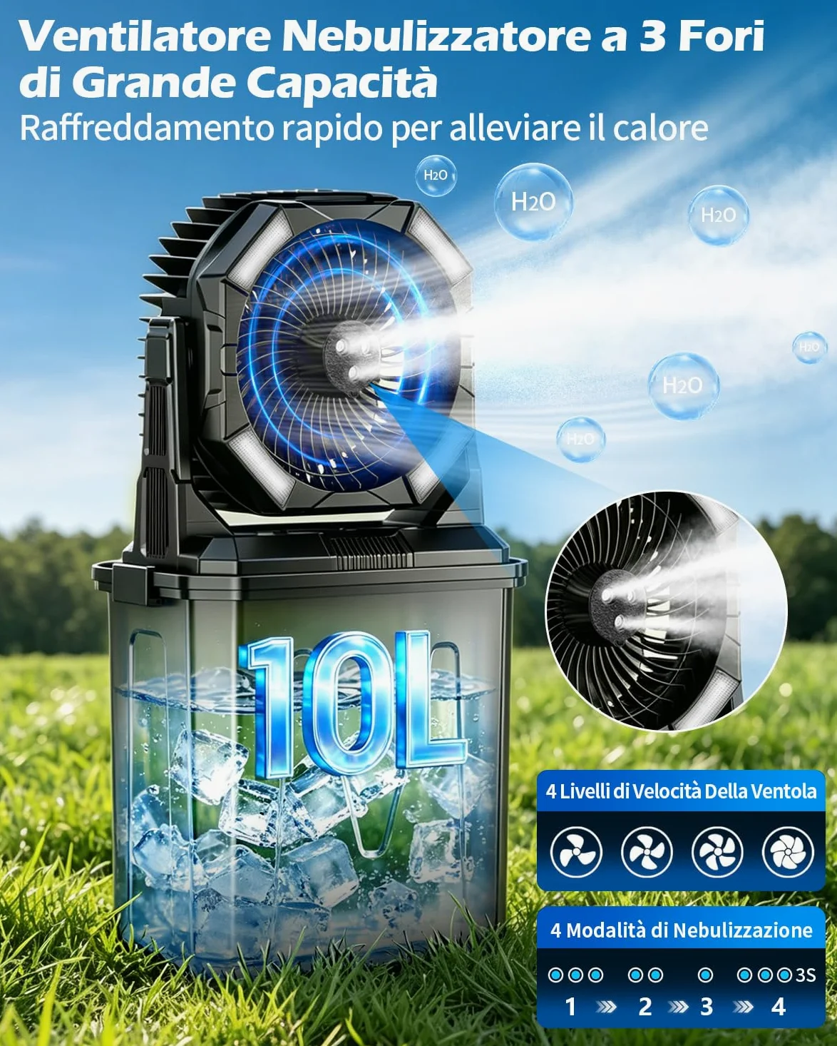yAyusi 10L Grandi Ventilatore Nebulizzatore Portatile per Esterni con Luce RGB, 3-in-1 20000mAh Ventilatore Ricaricabile con Telecomando e Timer,4 Velocità Vento 4 Modalità Spruzzo per Patii/Camp/Golf