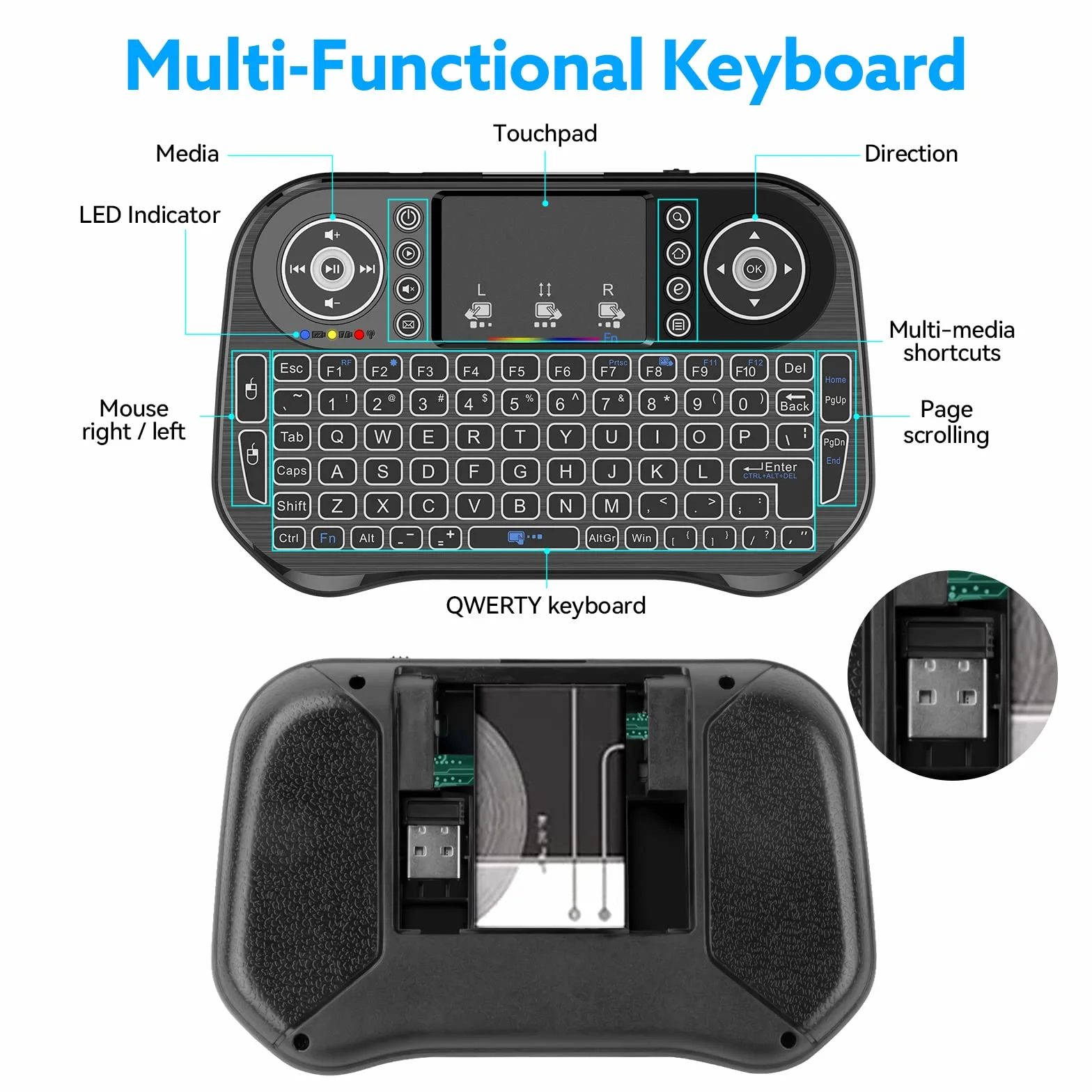 LONGYI i10 Mini Tastiera Wireless, Smart TV Tastiera Mini Wireless Retroilluminata con Mouse Touchpad, Bluetooth e 2.4GHz USB Keyboard per Android TV Box/HTPC/PC/Pad/Notebook/Projector