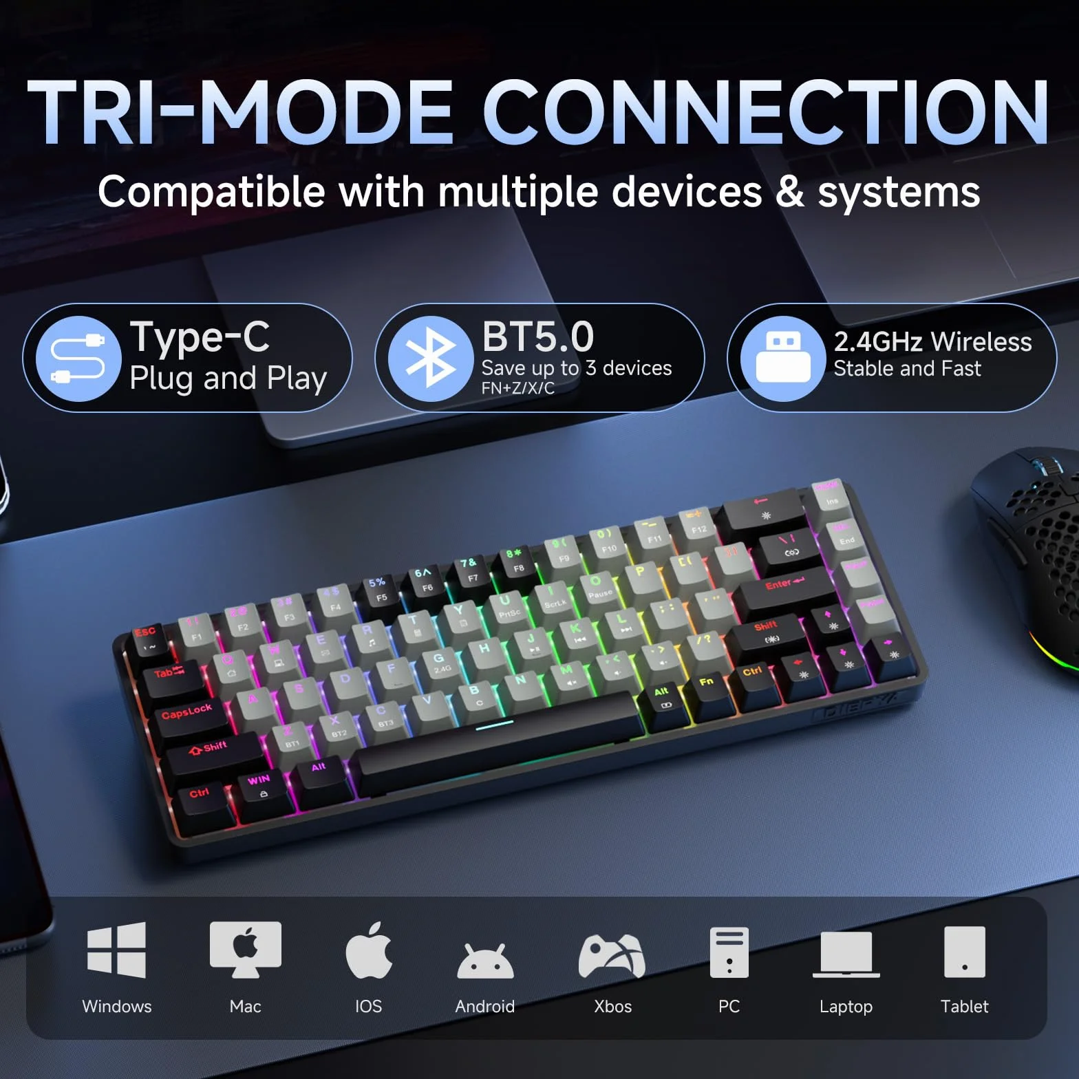 Dierya DK68 Tastiera Gaming Wireless,60% Tastiera Meccanica Bluetooth/2.4G/USB-C RGB,Interruttore Rosso,Double-Shot ABS Keycaps Compatibile con Win/Mac,Grigio nero-A(Layout US,QWERTY)