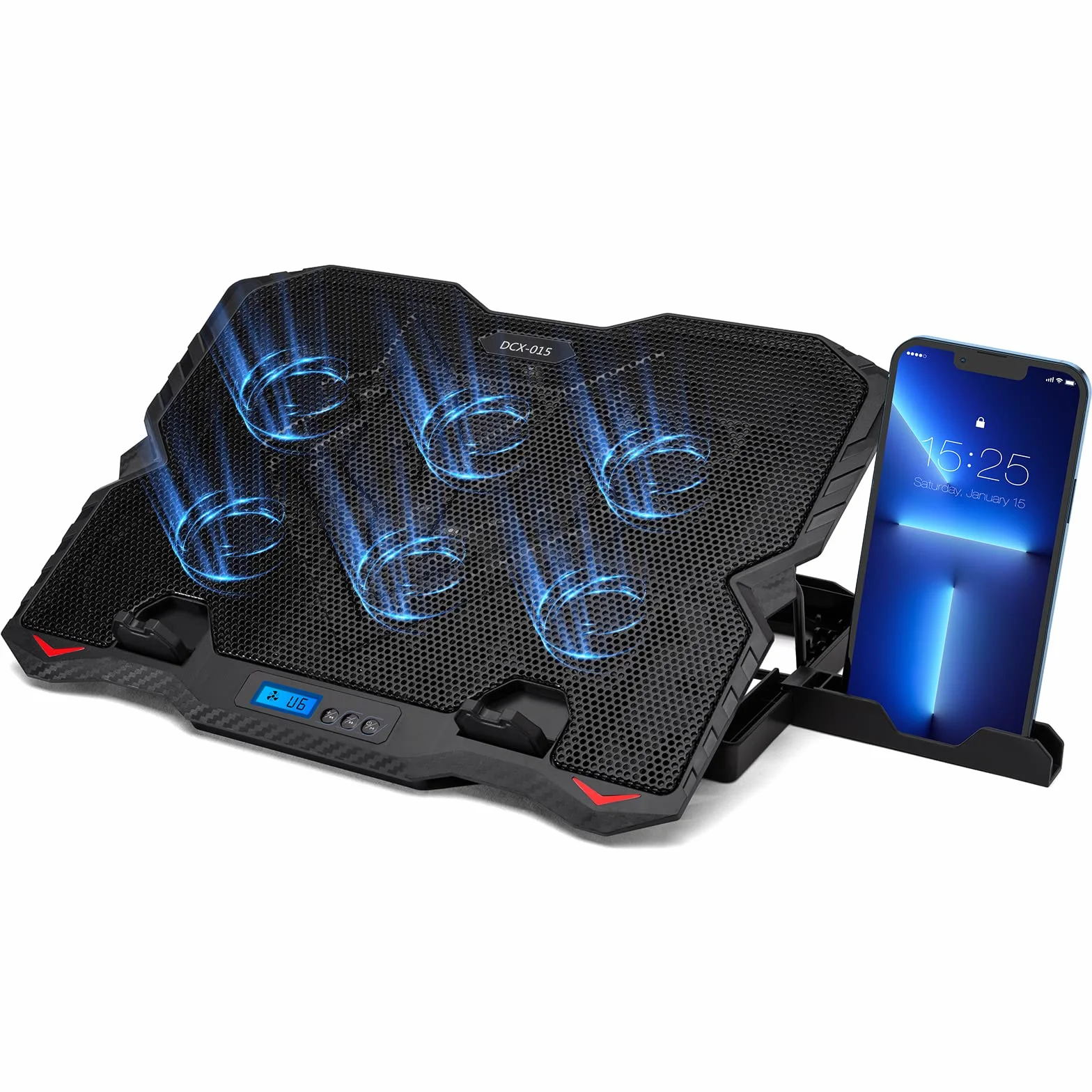 MATEPROX Base di Raffreddamento per PC Portatile, Ventola Pc per Portatile da Gioco RGB per Laptop 15,6-17,3" con 6 Ventole Silenziose Blu e Schermo LCD, 5 Altezze di Regolazione, 1 Supporto Telefono