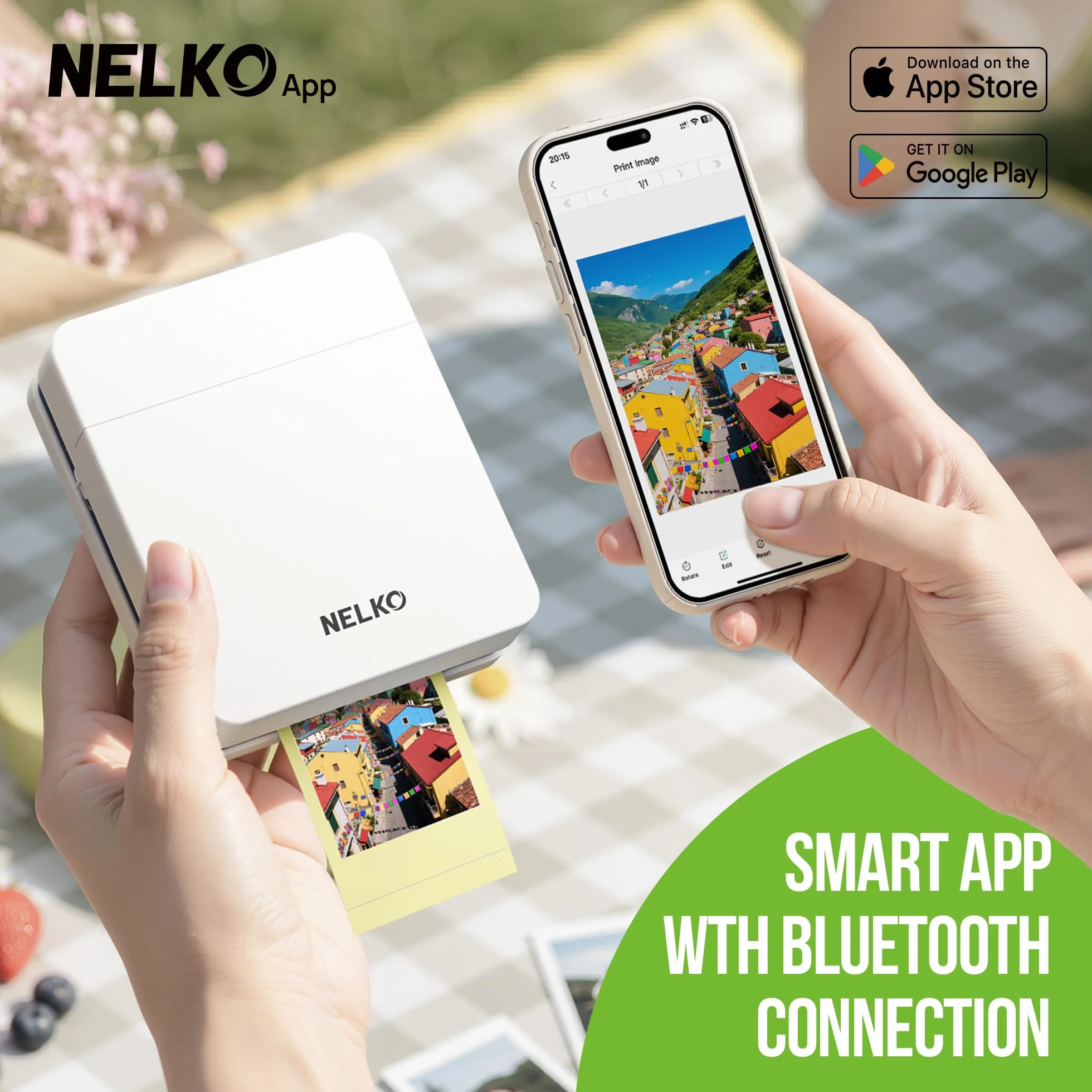Nelko PP01 Stampante fotografica portatile con 100 fogli di carta e cartuccia d'inchiostro, stampa fotografica istantanea con retro adesivo per iOS/Android, mini stampante tascabile con divertente app