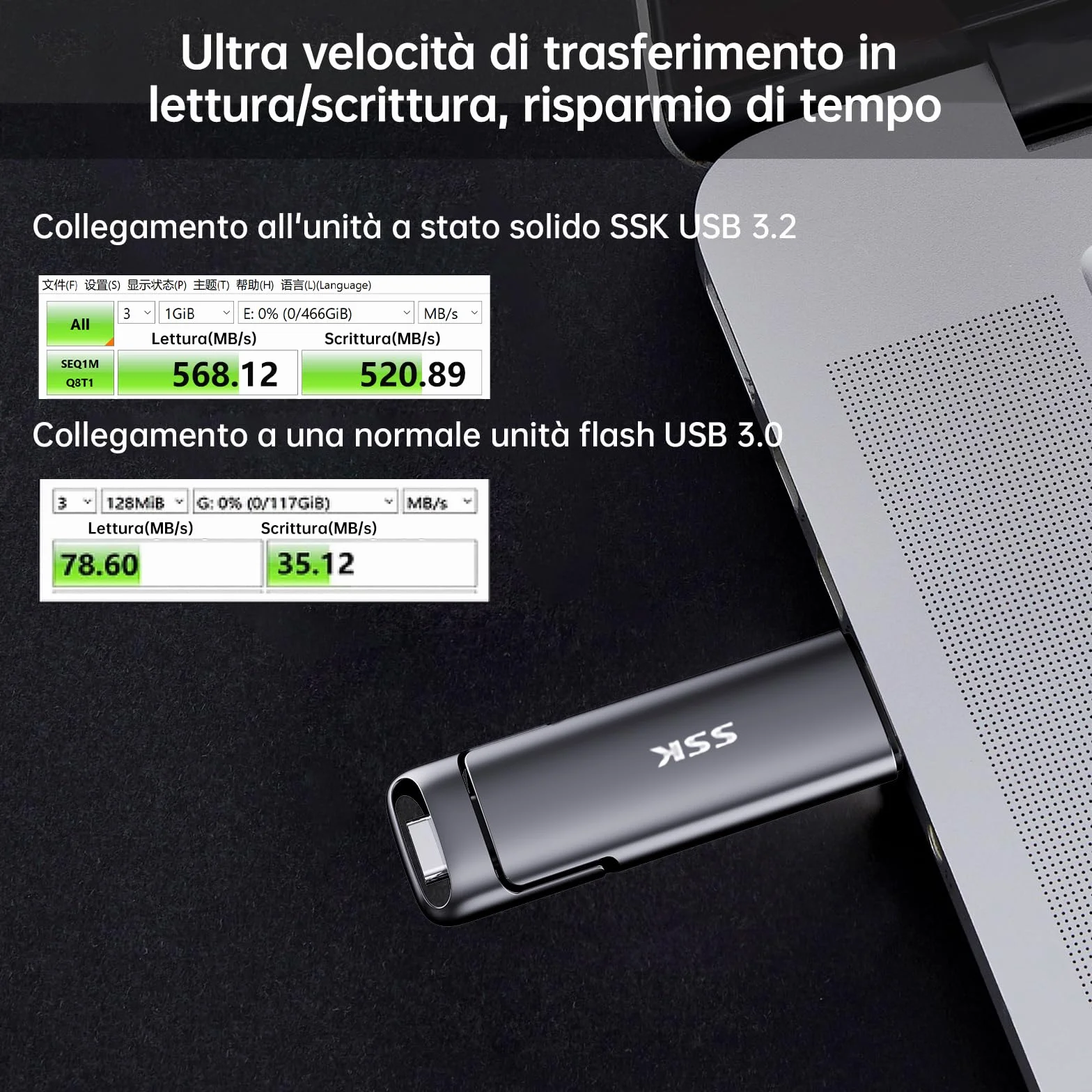 SSK SSD esterno portatile da 128GB Dual USB 3.2 Gen 2 Unità a stato solido fino a 550MB/s in lettura, adattatore USB A + tipo C 2 in 1 Disco rigido SSD da 128GB per laptop, tablet e altro