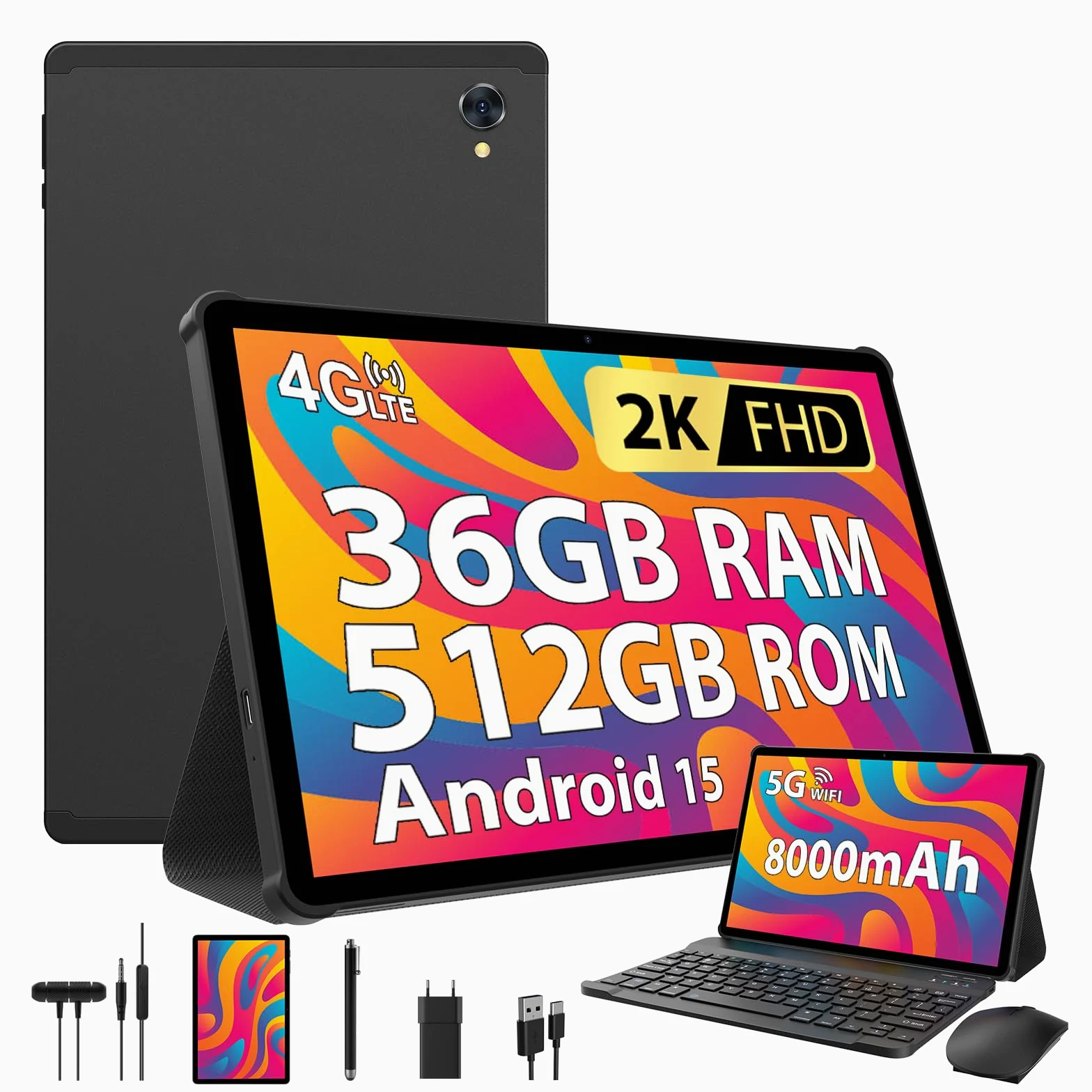 2K Android 15 Tablets, 36GB RAM+512GB ROM (2TB TF), 4G LTE+5G WiFi, Tablet 10,6 Pollici, Octa-Core, 2000 * 1200FHD, 8000mAh, 13MP+8MP, GPS, Tablet in offerta con tastiera ect (Nero)
