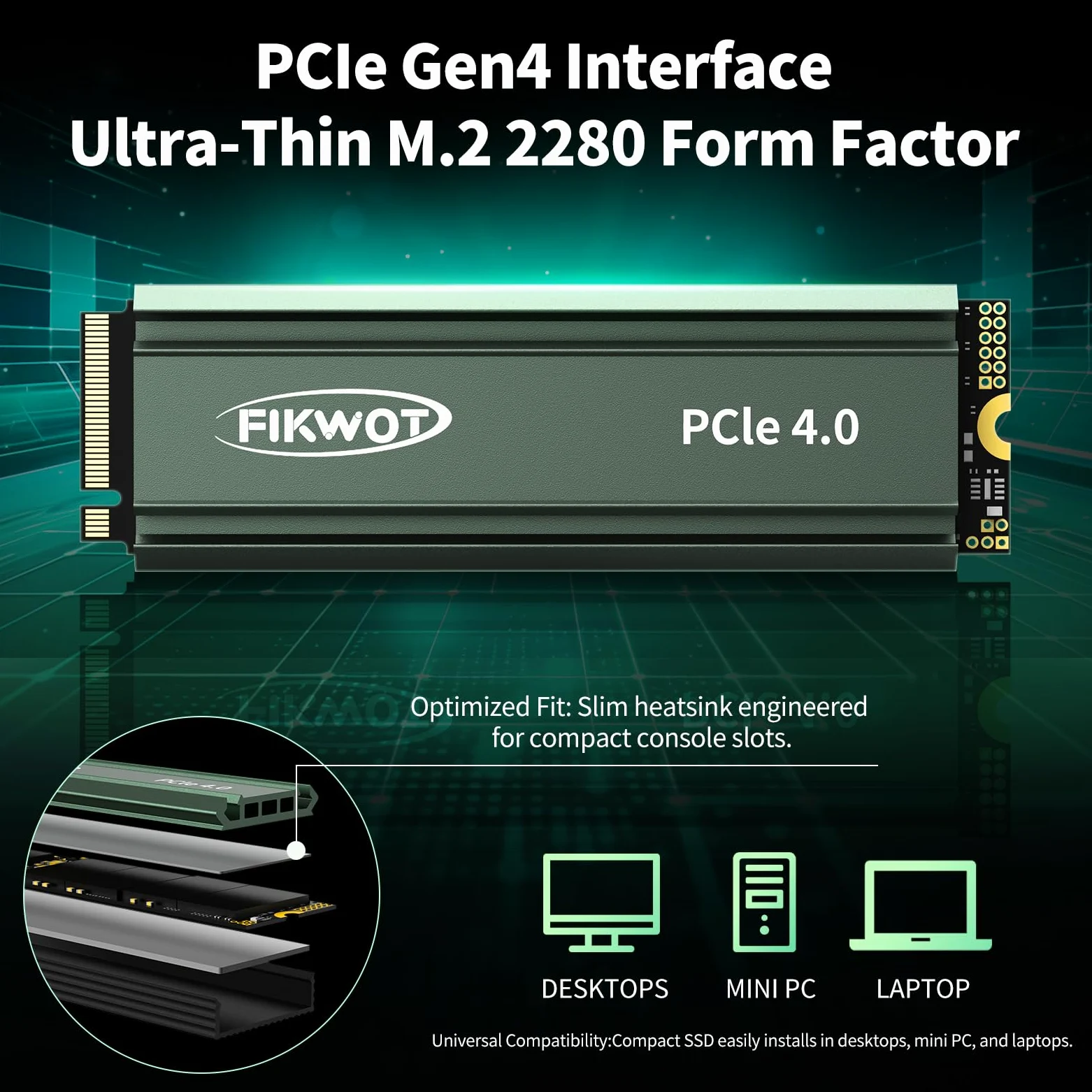 Fikwot FN960 1TB M.2 NVMe SSD PCIe Gen4 x4 2280 interno a stato solido con dissipatore di calore, fino a 5.000 MB/s, cache SLC dinamica, compatibile con SSD interno PS5