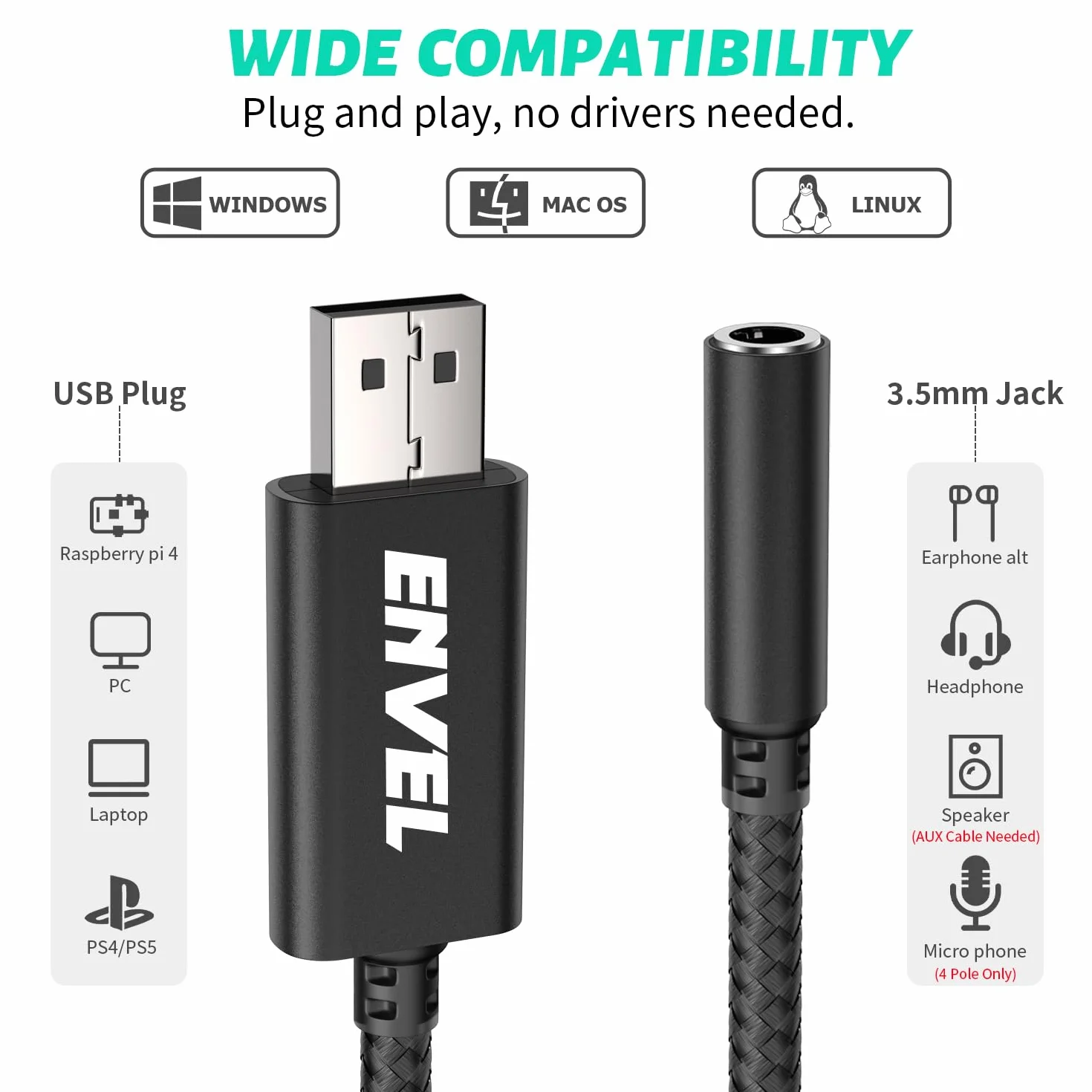 ENVEL Adattatore USB Jack Audio 3,5 mm Doppio per Cuffie Microfono Scheda Audio Esterna TRRS a 4 poli Cavo aux USB Maschio a Jack Femmina Compatibile con Cuffie Gaming PC Laptop PS4 Linux, NERO