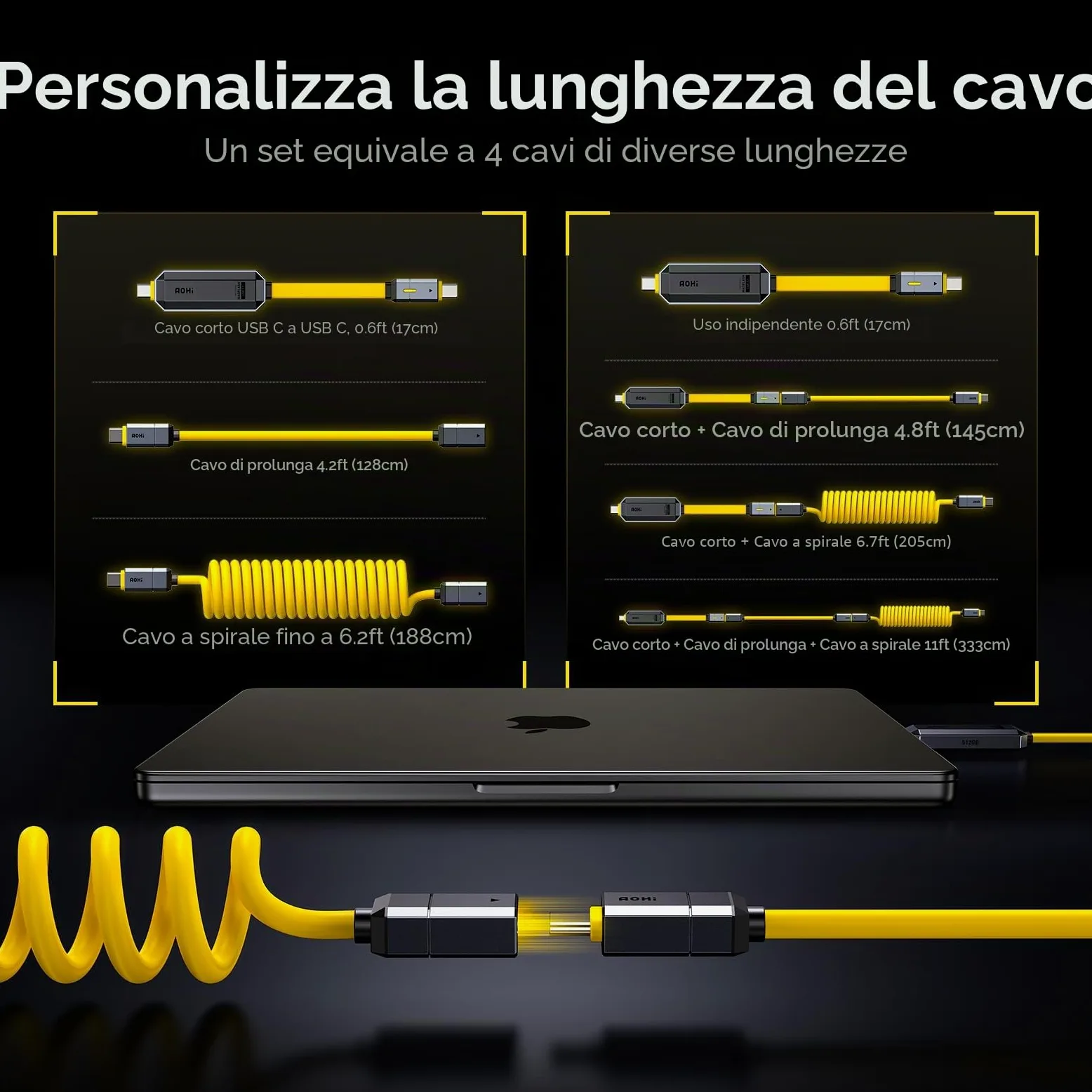 AOHI Set di cavi USB C da 240 W fai da te con unità flash USB C da 512 GB, 2 in 1 PD 3.1 per ricarica rapida e archiviazione dati, con USB 3.2 Gen2 Type C SSD USB Drive per MacBook, iPhone 16, Galaxy