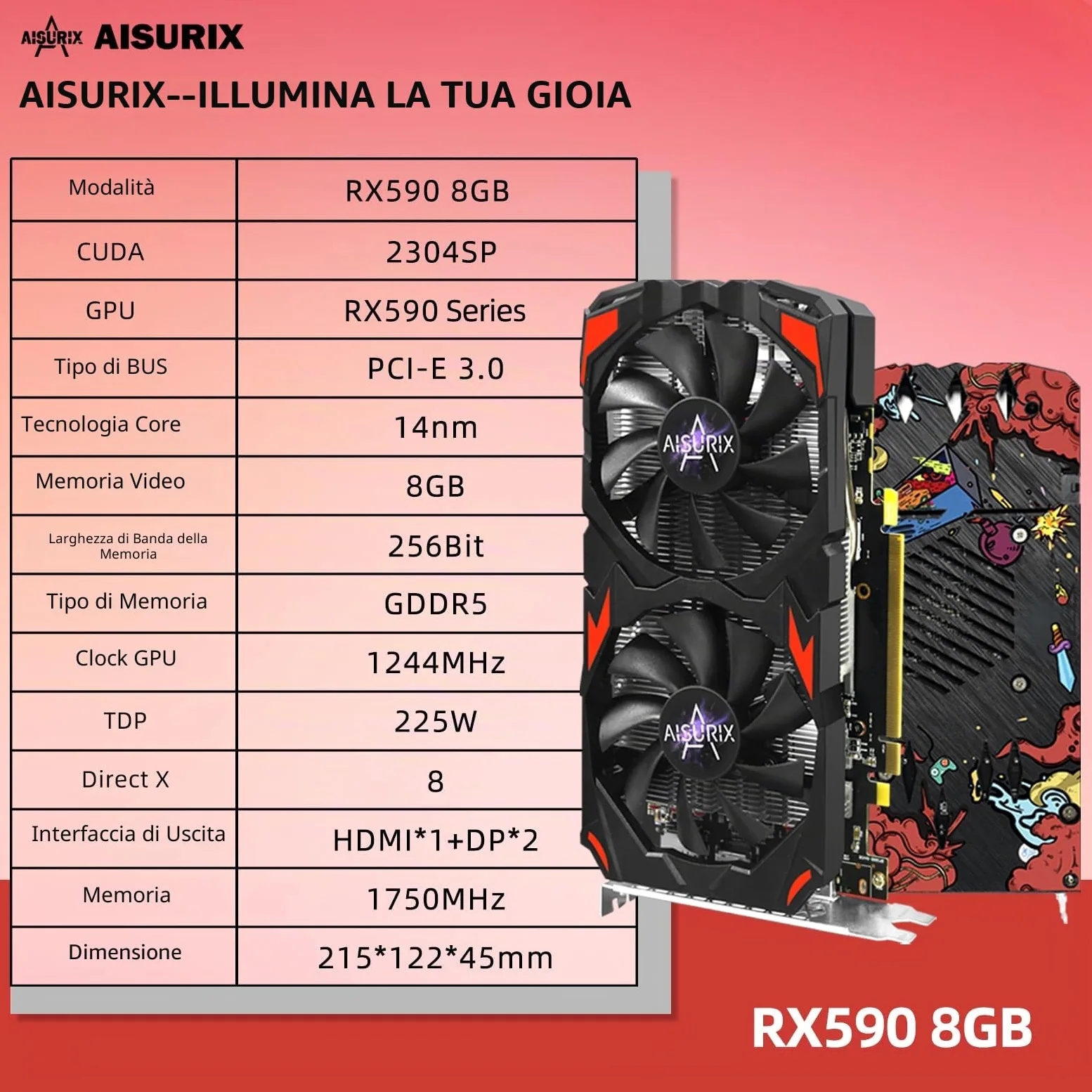 AISURIX Scheda grafica RX 590, reale 8GB, GDDR5, 256 bit, RX 580 2304SP Scheda video da gioco per PC, 2XDP, HDMI, PCI Express 3.0 con ventole congelate, scheda grafica per PC da gioco