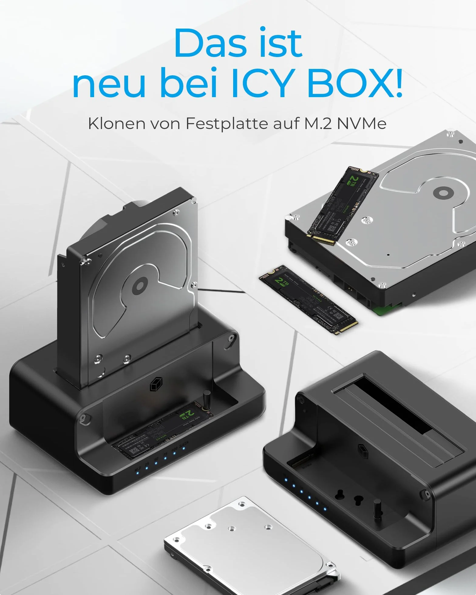 ICY BOX Docking Station per HDD/M.2 NVMe SSD, USB 3.2 Gen 2 (10 Gbit/s), stazione di clonazione HDD e unità (SATA 2.5/3.5" e M.2 NVMe), adattatore, IB-2914MSCL-C31