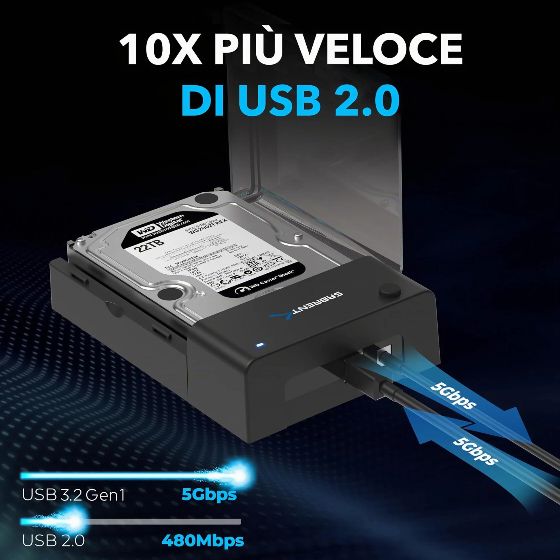 SABRENT Docking Station SSD Hard Disk Esterno HDD 2.5 o 3.5 pollici, USB 3.2 Gen 1 a SATA [Supporta UASP] (EC-DFLT)
