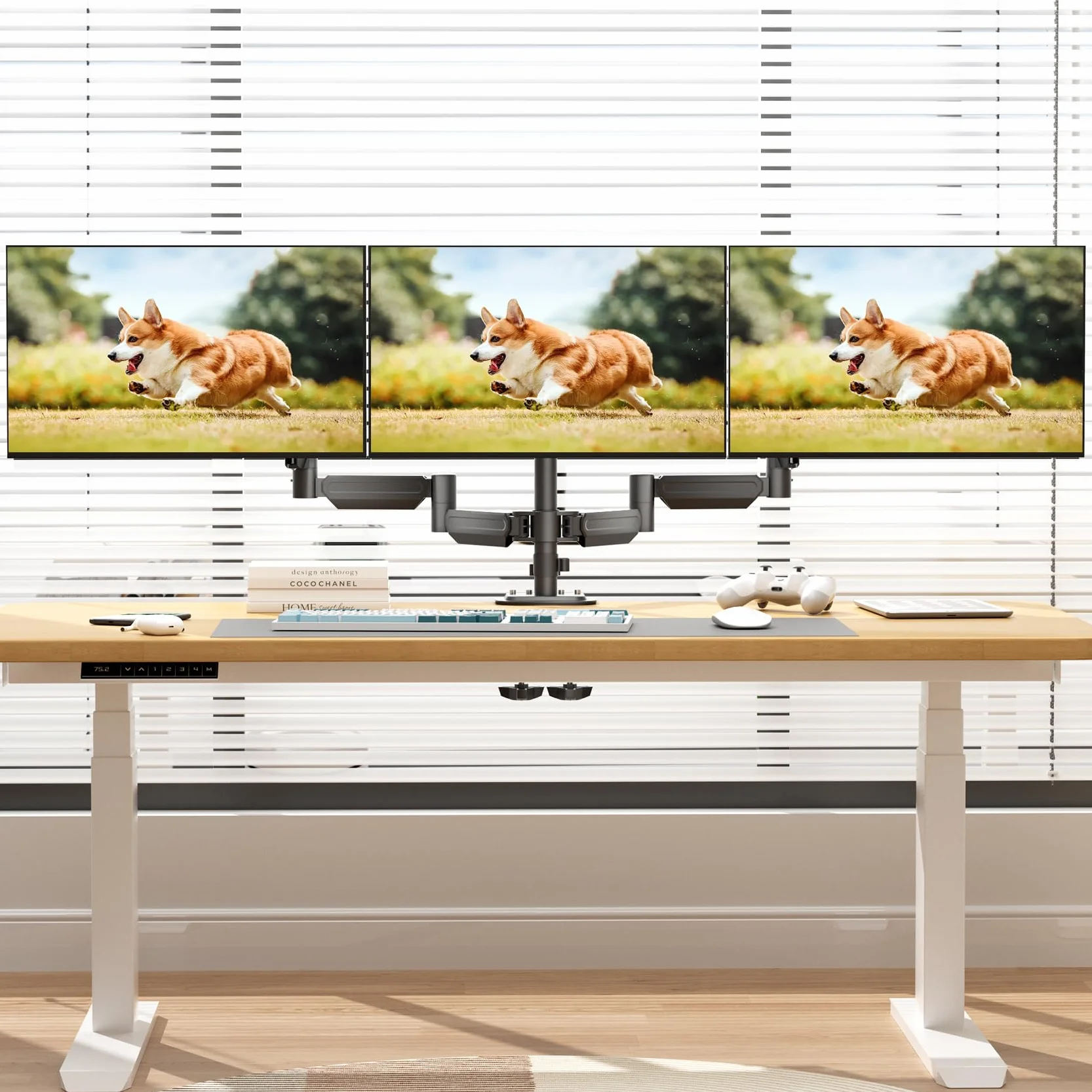suptek Supporto per monitor triplo - 3 monitor con braccio per monitor a molla a gas adatto a tre schermi LCD piatti da 17 a 32" con morsetto, nero MD8003