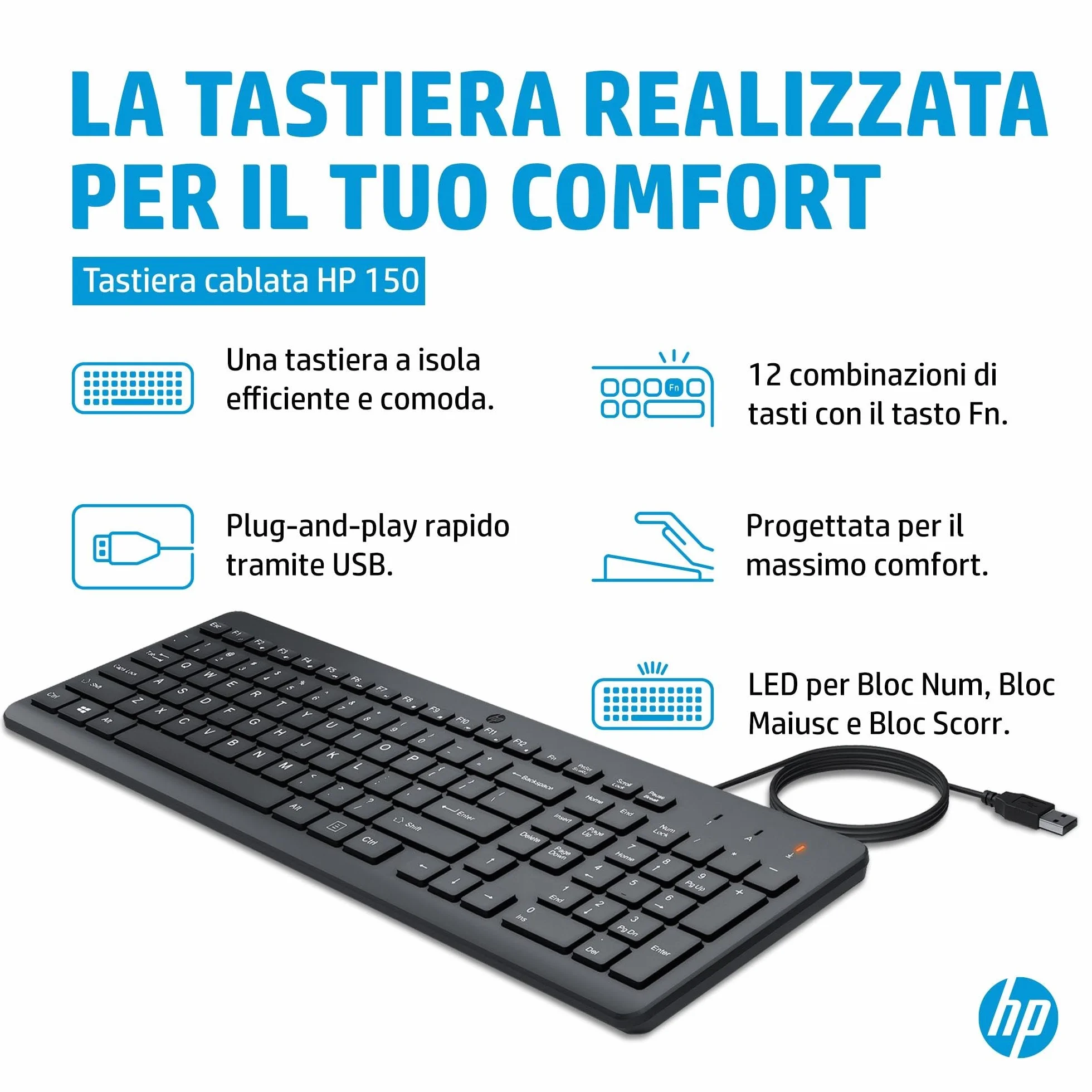 HP 150 Tastiera Cablata, Connessione con Cavo USB-A con la Lunghezza di 1 m, 12 Tasti Programmabili, Tastiera Qwerty, Layout Italiano, Compatibile con Windows 10 e 11, Nera