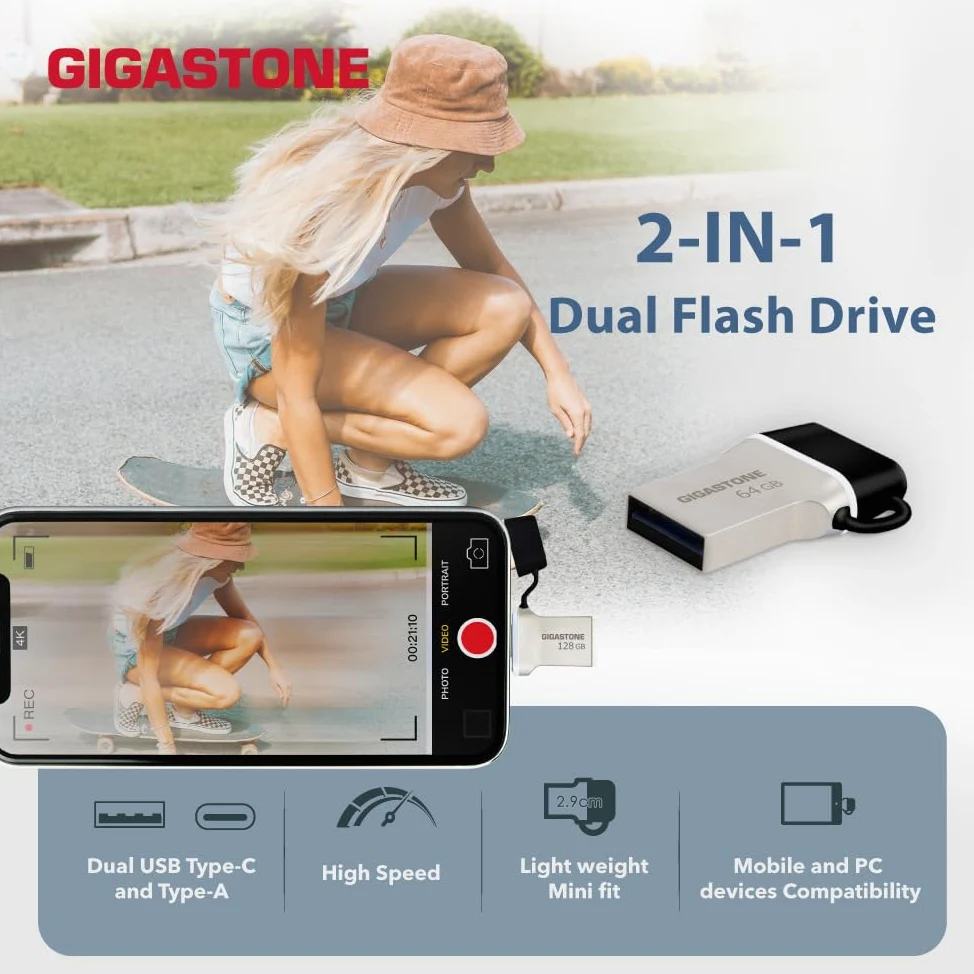 GIGASTONE Z50 128GB confezione da2, Chiavetta USB Dual OTG 2in1, USB3.2 Gen1, Connettori doppio Tipo C e Tipo A, Stile metallico, Affidabile, Durevole, Compatibile con Interfaccia USB2.0/USB3.0/USB3.1
