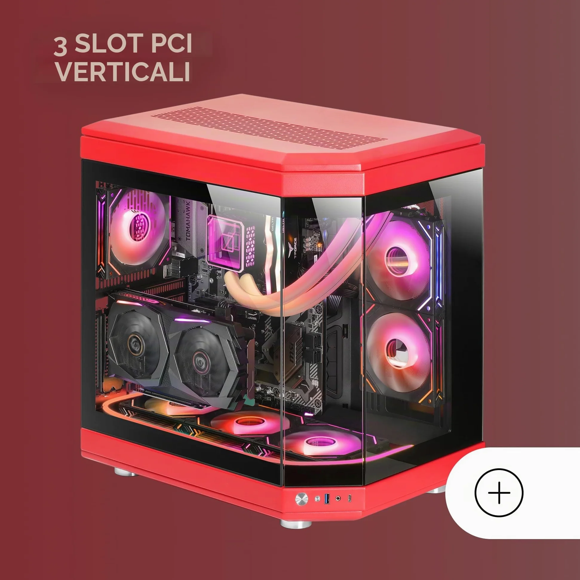 Mars Gaming MC-3T, Case Gaming Custom ATX, Vetro Temperato Continuo Tripla Finestra, Supporto Raffreddamento Liquido Completo, Doppia Camera Laterale, 3x Slot PCI Verticali, USB-C e USB 3.0, Rosso