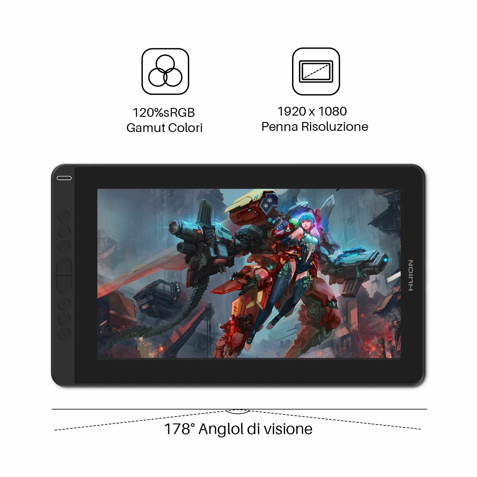 HUION Kamvas 13 Tavoletta Grafica con Schermo Compatibile con Android, Funzione di Inclinazione di ±60° Stilo Senza Batteria, 8 Tasti di Scelta Rapida, Supporto Regolabile - 13,3 Pollici (Nero)