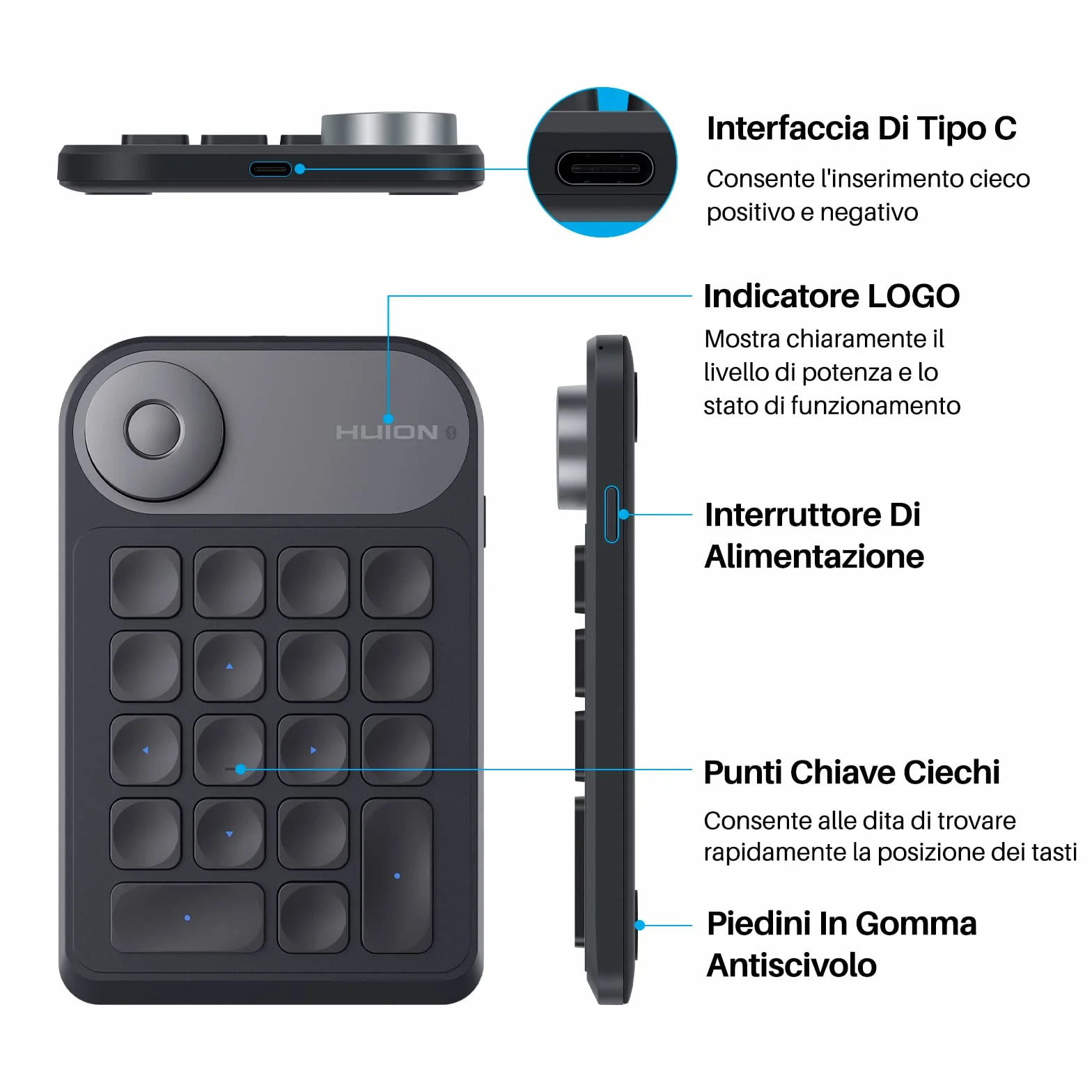 HUION Keydial Mini K20 Tastiera Remota Bluetooth 5.0 per Display da Disegno e Tavoletta Grafica con Controller a Quadrante+18 Tasti Personalizzati, Tastiera Portatile per PC, Laptop, Mac