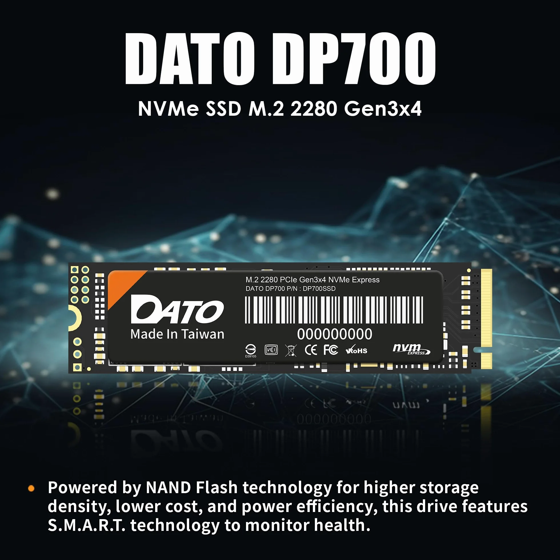 DATO Unità a stato solido interna SSD M.2 2280 PCIe Gen3x4 NVMe da 512 GB, fino a 2500/1700 MB/s, serie DP700