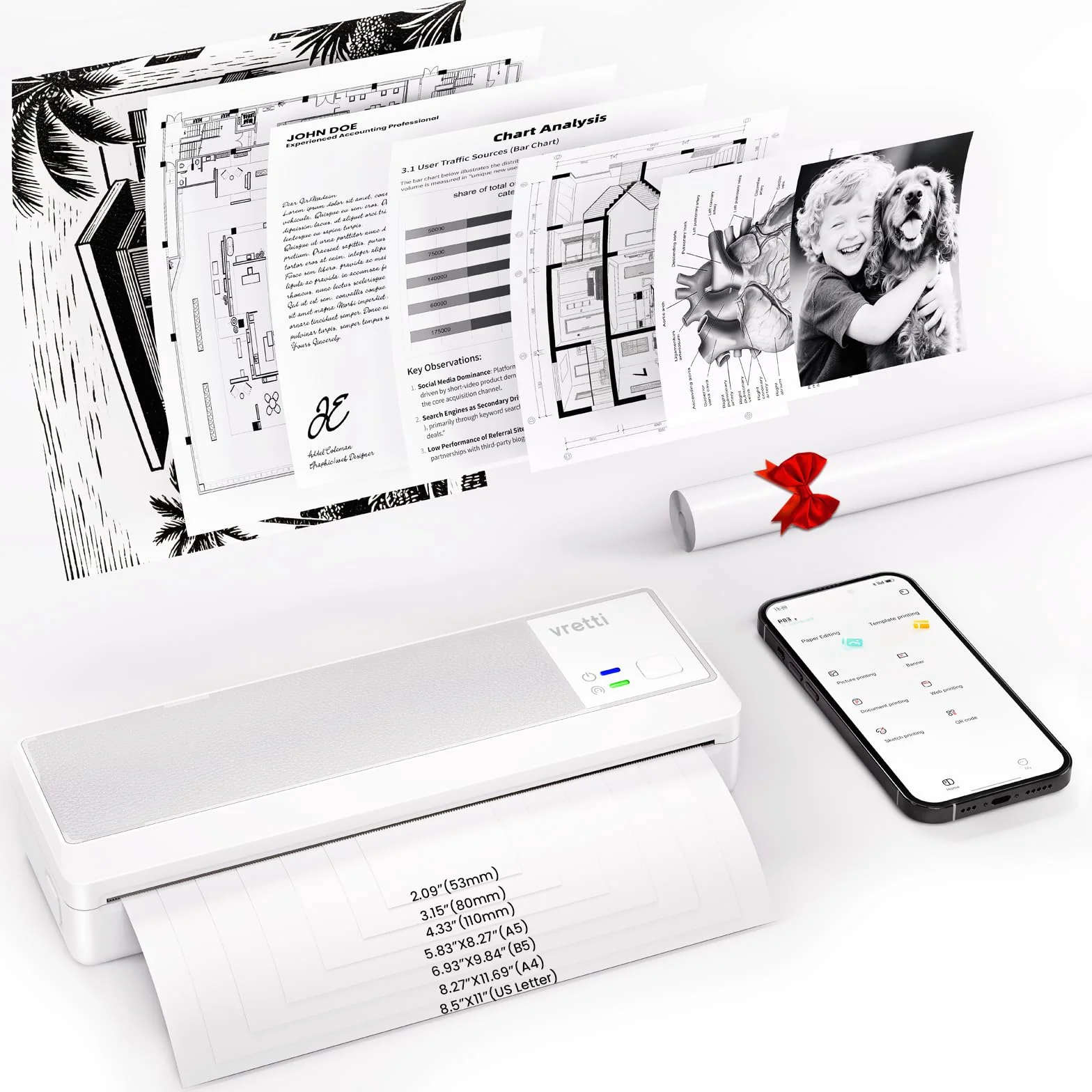vretti Stampante termica portatile A4 compatibile Android iOS 210x297 mm