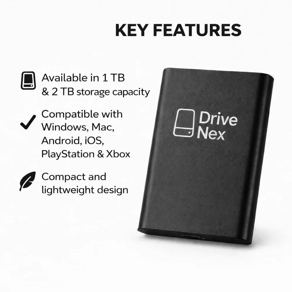 DriveNex SSD 2TB | Disco rigido esterno | 2 Terabyte | Adatto a tutti i sistemi operativi | Archiviazione dati | Disco rigido esterno | Disco rigido esterno (Nero)