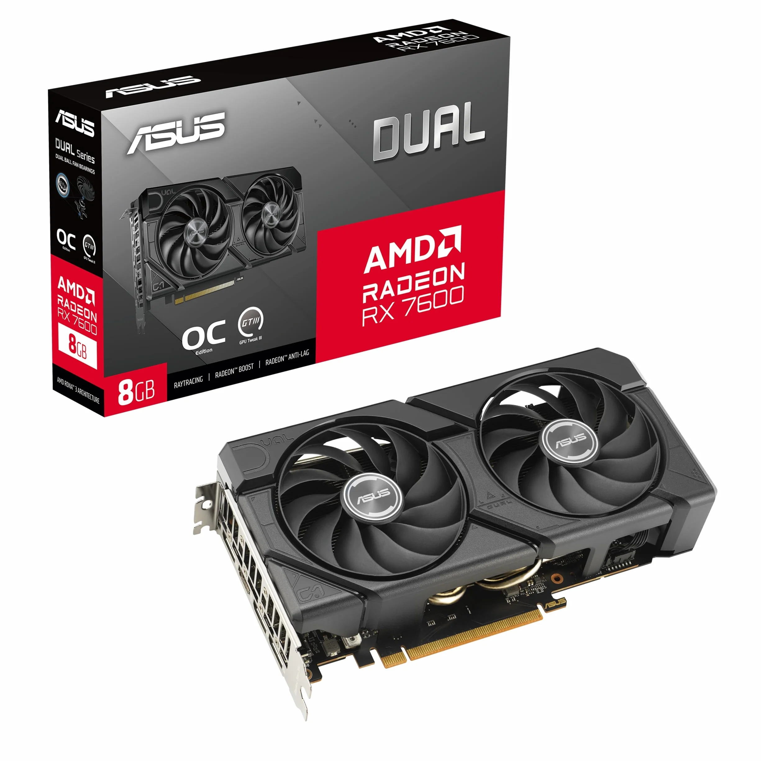 ASUS Dual Radeon RX 7600 EVO OC Edition, Scheda Grafica 8 GB GDDR6, fino a 2715 MHz nella Modalità Boost, PCIe 4.0, 1 HDMI 2.1, 3 DisplayPort 1.4a, Nera, DUAL-RX7600-O8G-EVO