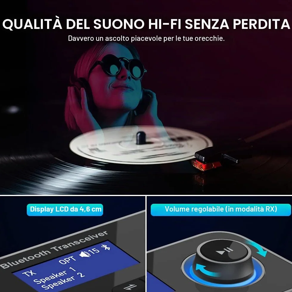 Trasmettitore Ricevitore Bluetooth 3-in-1 Adattatore Audio Bluetooth 5.3 per 2 Cuffie con Cavi Bypass Aux/Ottico/RCA ON/off Automatico LCD Display Controllo Volume per TV Stereo Casa PC