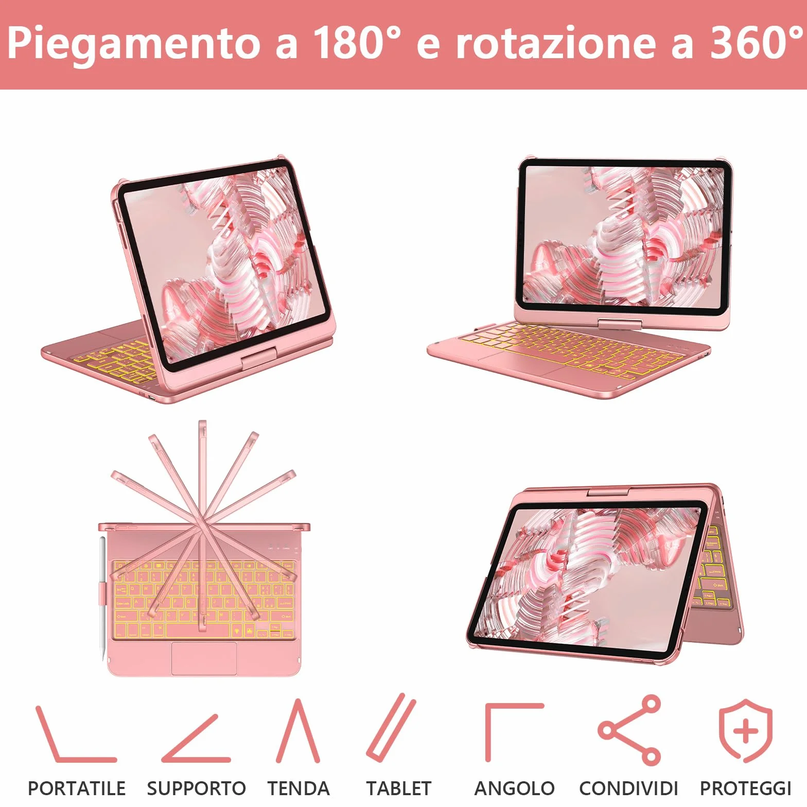KBCASE Tastiera per iPad 10 Generazione /A16 11 Generation (11/10.9 pollici, 2025/2022),Rotazione 360 Cover con Bluetooth Tastiera Touchpad per iPad 10/11Gen con 7 Colori Illuminato,Italiano QWERTY