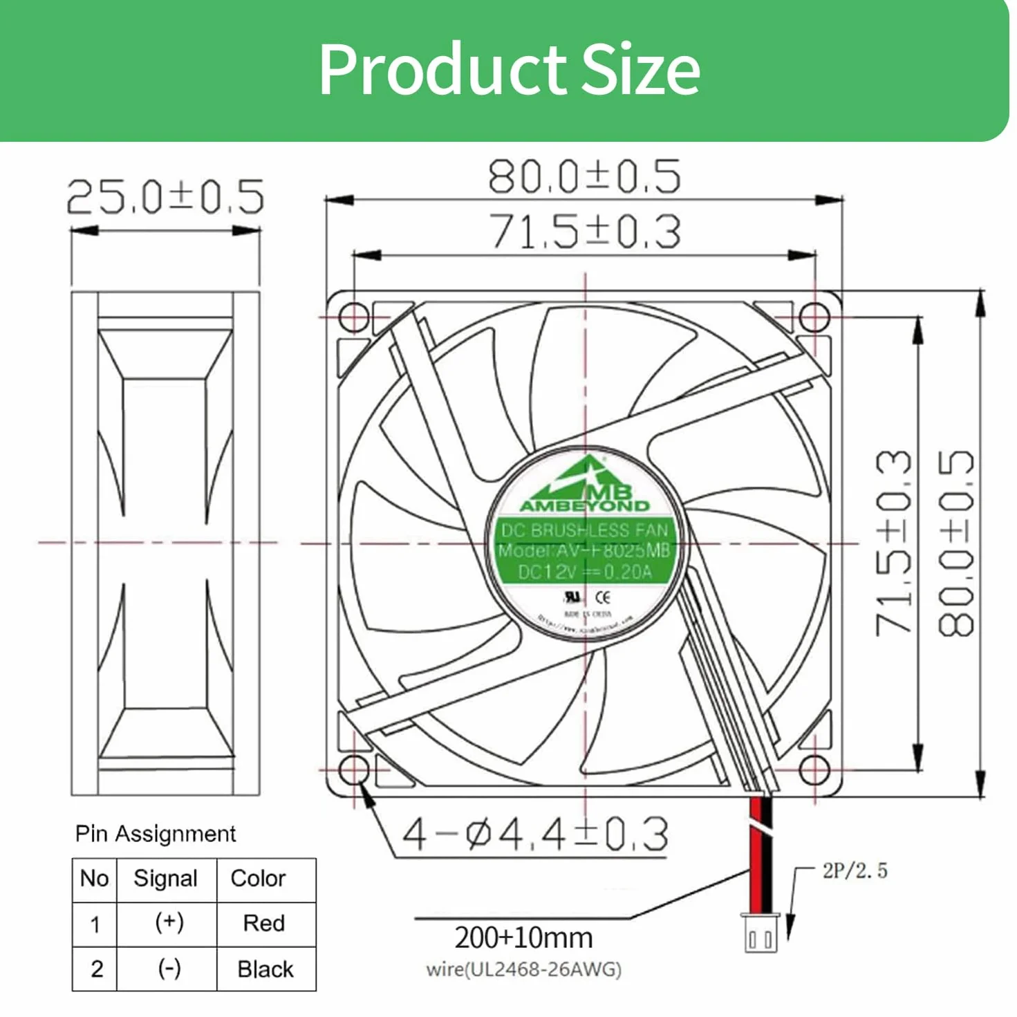 2pack 80 mm da 80 mm da 25 mm 8025 12V DC 0.20A Cuscinetto A Sfera Brushless Ventola di Raffreddamento 2pin