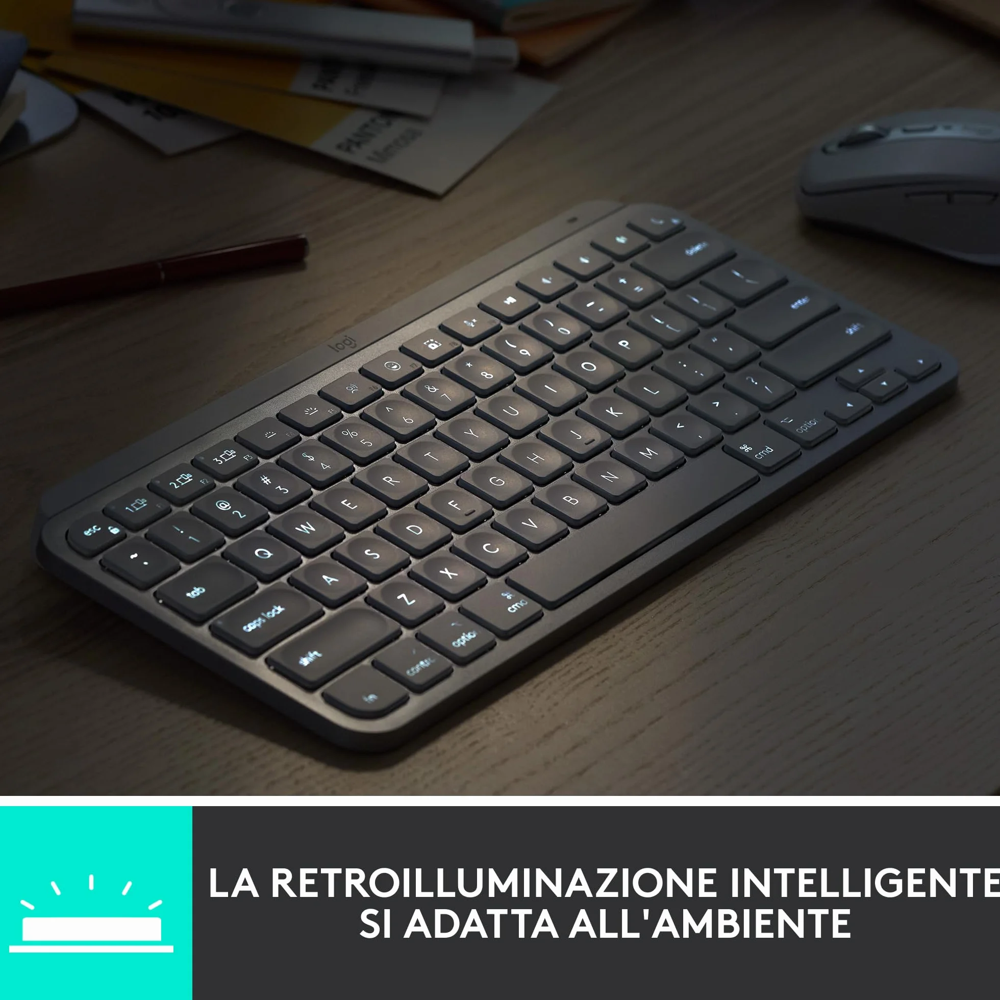 Logitech MX Keys Mini Tastiera Illuminata Wireless, Minimal, Compatta, Bluetooth, Retroilluminata, USB-C, Compatibile con Apple macOS, iOS, Windows, Linux, Android, in Metallo, ITA QWERTY - Grafite