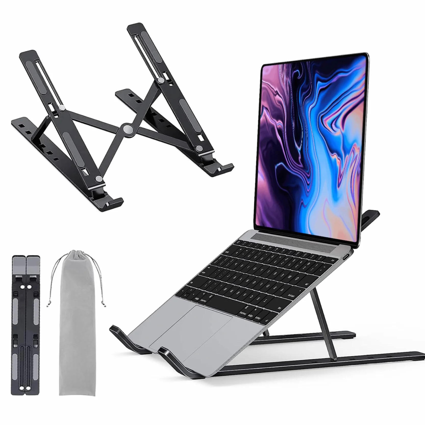LAC FUTURE Supporto PC Portatile in Alluminio - Rialzo PC Portatile per Scrivania Ufficio Pieghevole e Regolabile 7 Livelli - Laptop Stand Computer e Tablet 10-15,6'' - Nero